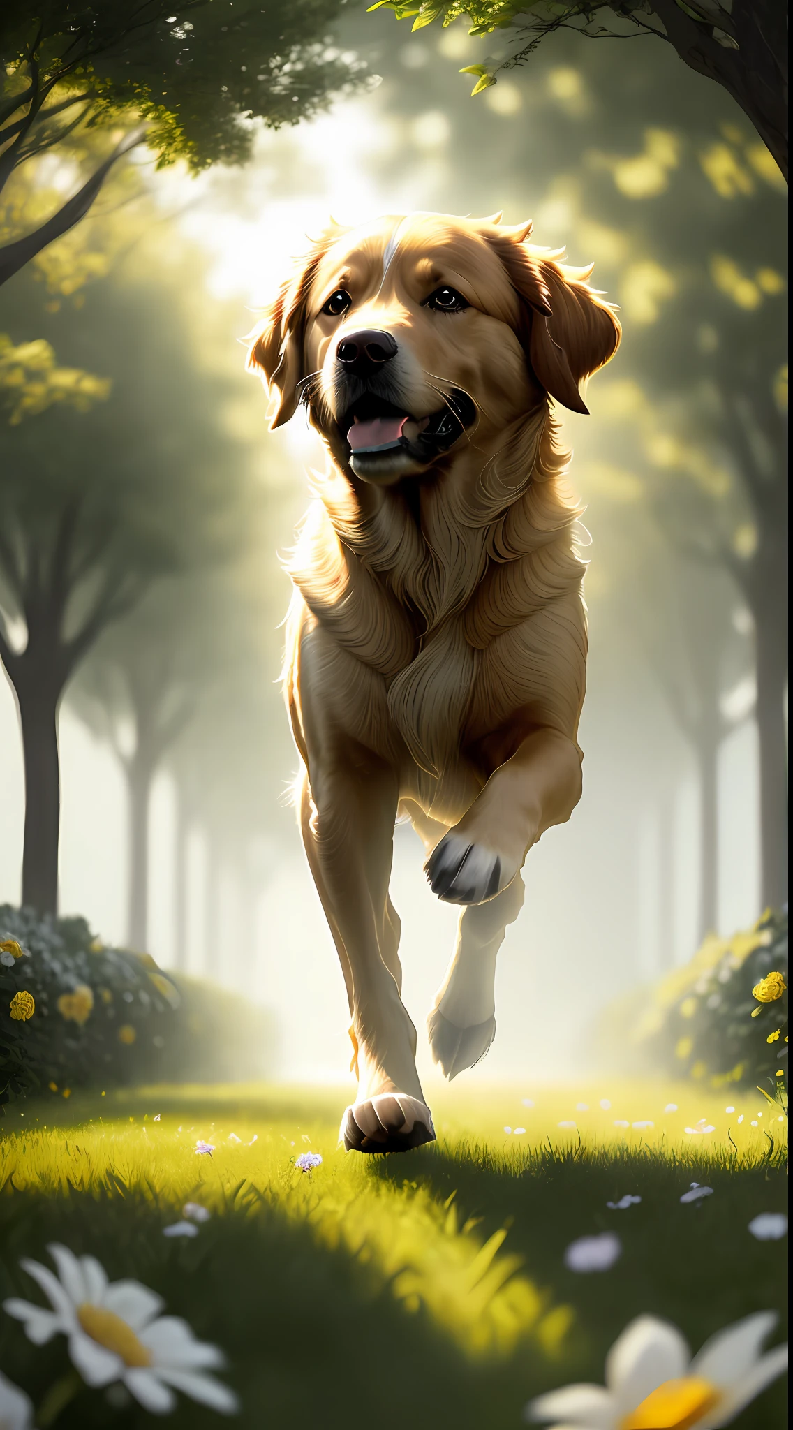 On the grass, a very cute golden retriever, close-up photo of running, soft volumetric light, (backlight: 1.3), (movie: 1.2), intricate details, (ArtStation: 1.3), Rutkowski, beautiful villa, flowers, vista