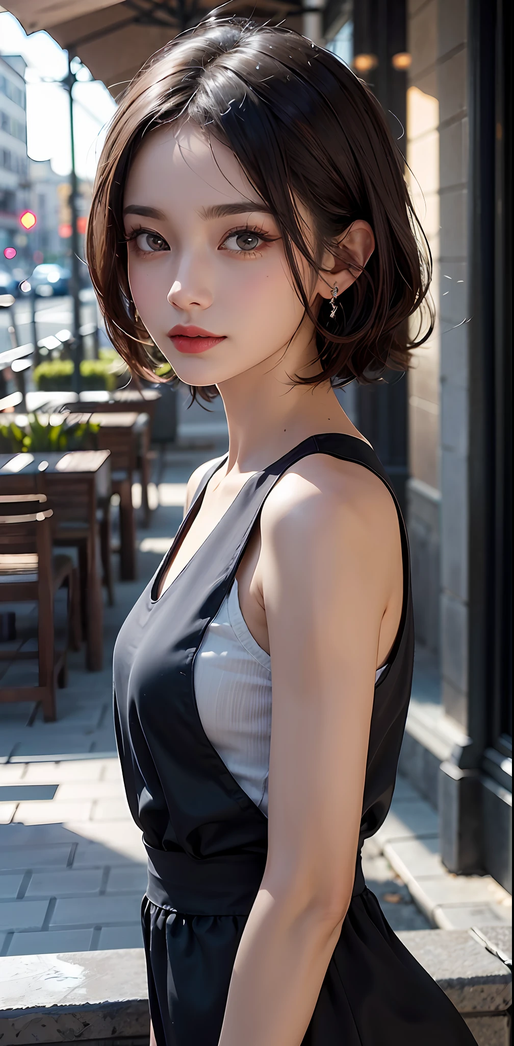 (8k, RAW photos, super high quality, super detailed CG Unity 8k wallpaper, masterpiece: 1.2), one girl, 3D, movie lighting, The depth of field in the photo was perfect, and the lens flare added a nice touch.super beautiful detailed eyes, accurate shiny iris depiction, pupils are black and abyss, water-based humor shine, ultra-detailed eyelashes, Very slightly black-rimmed iris,looking at the viewer with affectionately,faint smile,beautiful hair ,precise shading of hair, Delicate hair tips,professional make-up,Accurately depicted lip wrinkles,Beautiful glossy lips,wearing small jewelry earrings, short hair, (Slightly sweaty skin:0.8),Sleeveless clothing other than black, the precision of the shadows created on the clothes, chiaroscuro, realistic, fashionable Cafe terrace with many antique accessories ,Nearby fountain