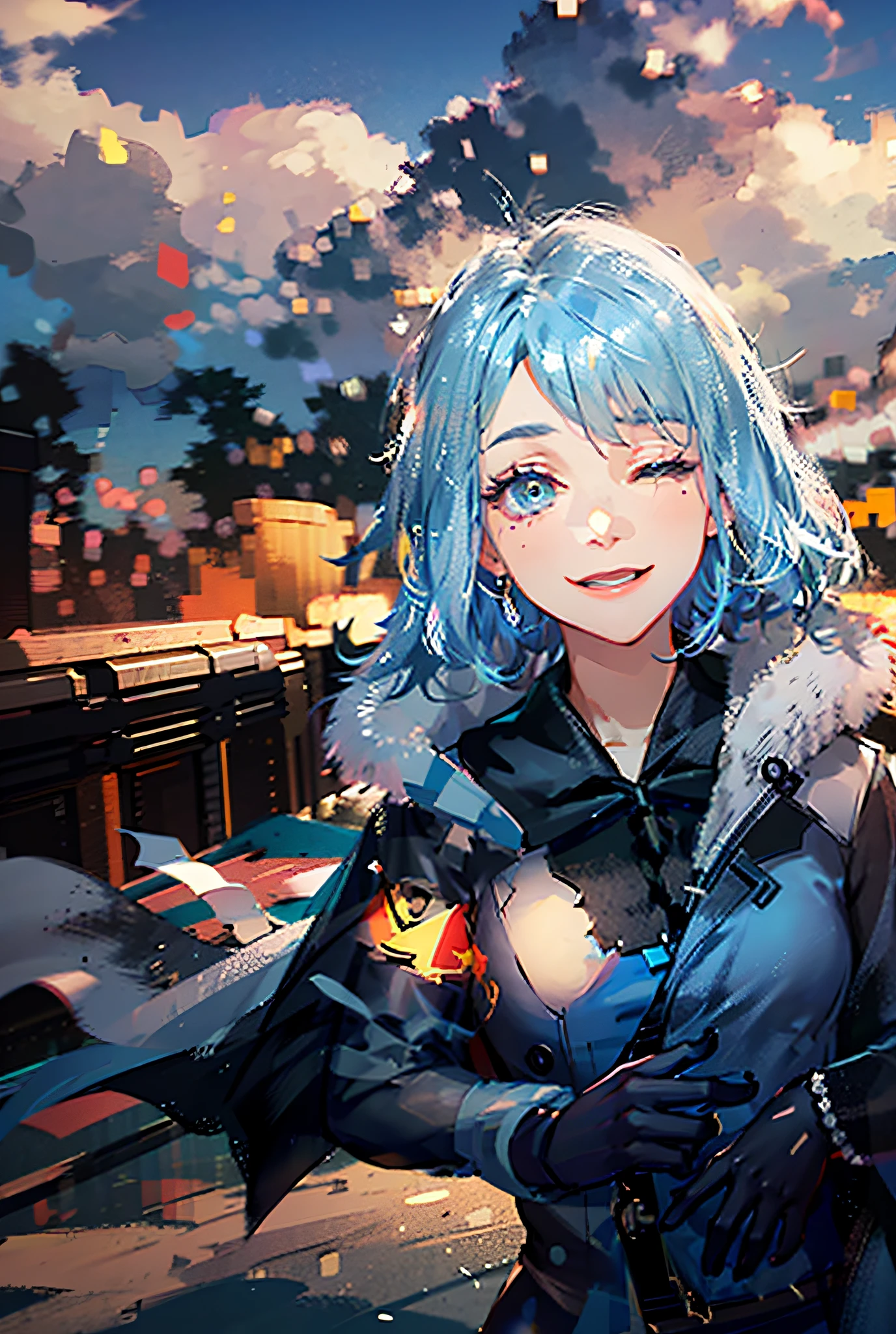 (Highest Quality), (Masterpiece), (Super Detailed), (Eye Detail: 1.0), (Lens Flare: 1.0), (Movie Poster: 1.0), (Tarot Border: 1.0), Portrait Center, (Closeup: 1.0), (Negative Space: 0.8), (Negative Space: 1.6), (Solo), (Floating Color Mesh: 1.0), (Many Color Spikes: 1.0), (Floating Droplets: 1.0), ( Water Magic: 1.0), (Dappled Sun, Rays, Caustics: 1.2), (Iridescence: 1.0), (Beautiful Detail Halo: 1.0), (Lean Back: 1.2), (Grim Expression: 1.0) ,(small:1.0),(open mouth:1.0),(eyelashes),one eye closed,(light blue hair:1.4),(long hair:1.0),(facing viewer:1.3),(head tilt : 1.0), (dynamic pose: 1.1), (asymmetrical hair: 1.2), (orange, (casual, casual), (layered skirt), (gray eyes: 1.4), oblique bangs, high double ponytail, diamond hair ,long coat,(flowing cloak: 1.0),,(abstract background:1.4),(:1.1),(jump:1.1),(tan:1.1),(upper body:1.25),thinking,pupil,++,co-feather , strapless, tights, (white gloves: 1.3), black and red double horns, sleepy