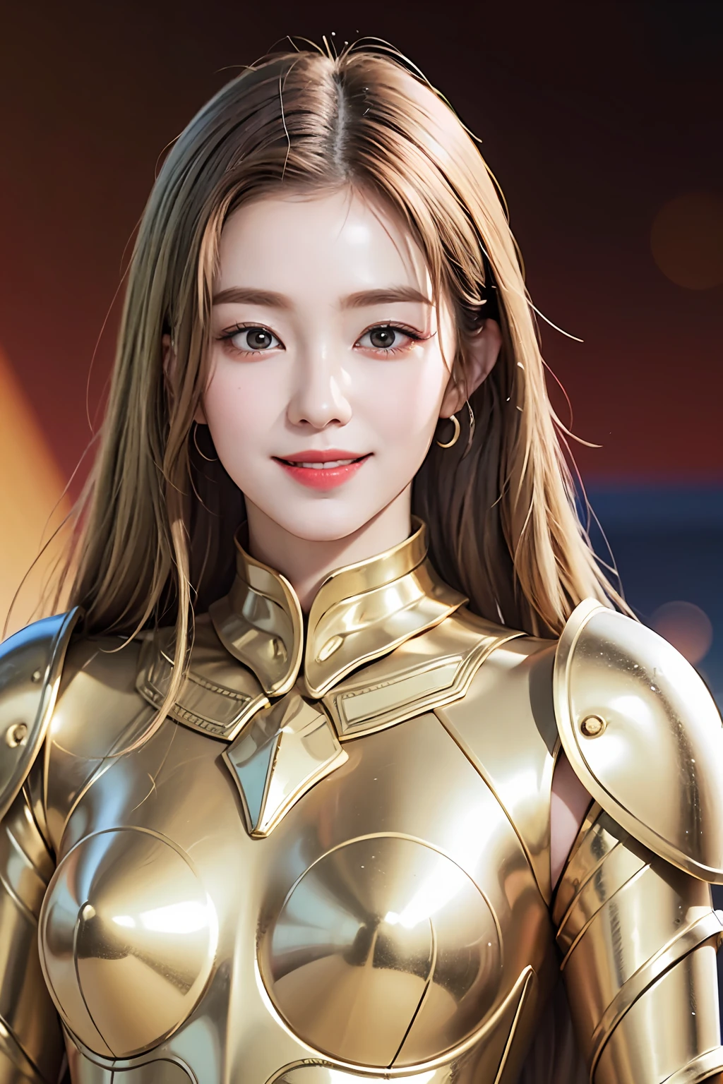 Golden armor, long blonde hair, golden pupils, golden light background, golden transparent wings, smiling, two dots on the forehead, one blue and one red, flashing notes around, maiden
