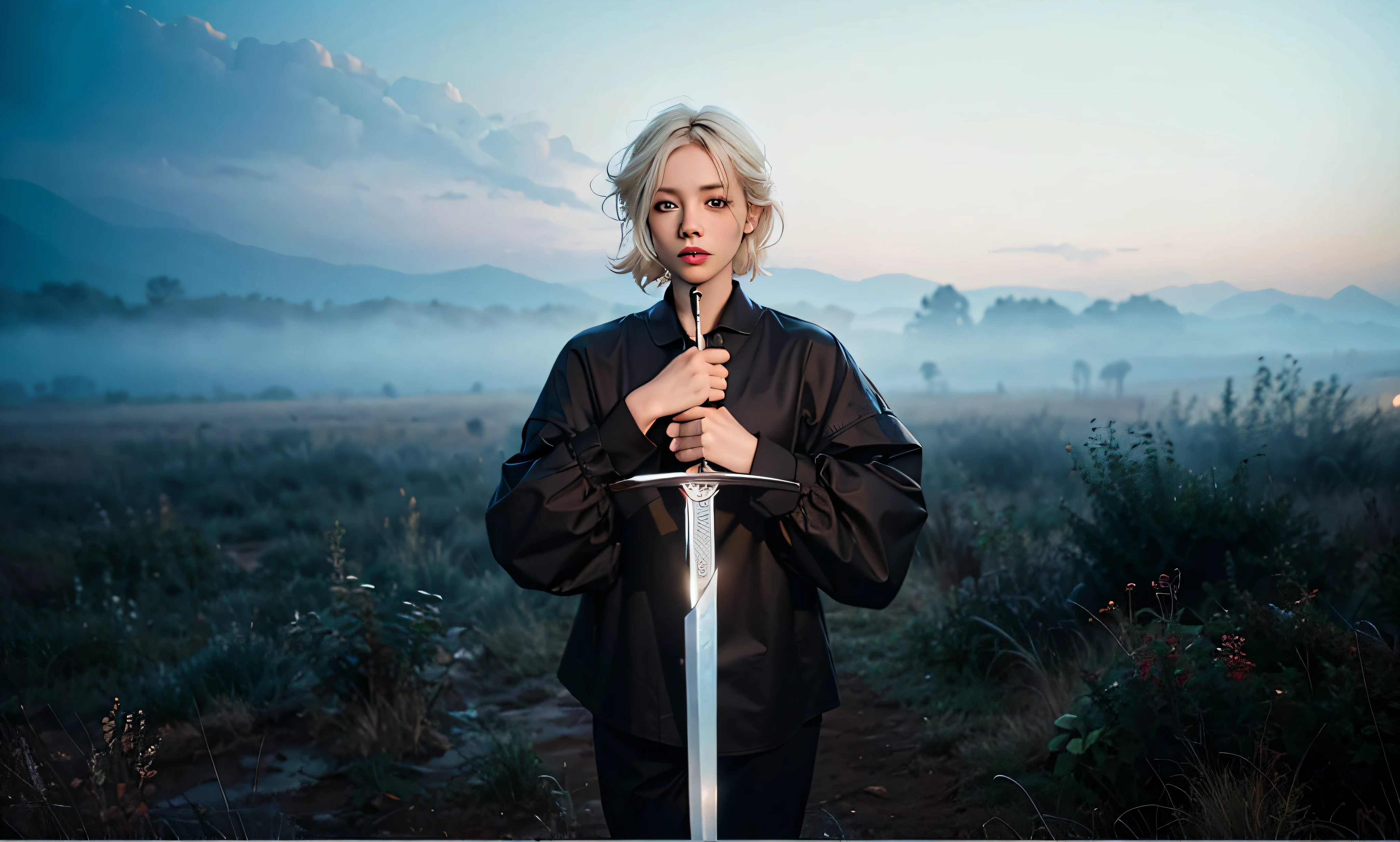 blond woman in black shirt holding a sword in front of a misty landscape, soft light, deep atmosphere, cinematic style
