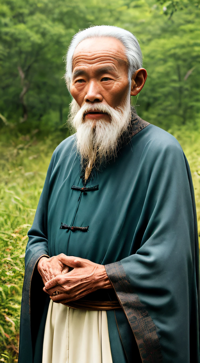 Portrait photography style, world masterpiece, super unique high professional digital art, film format, hyper-realism, color cinematography with ultra-fine details and quality, background is deep in the forest, an old man in rural China, an old man with wisdom. He wears an old cloak and his eyes are kind and shrewd. He was looking forward, his skin had been blackened and powerful by the sun and rain, and the wrinkles were fixed on the corners of his mouth and forehead, making it seem that his years had precipitated. Although wearing a dark gown, although simple in appearance, it exudes sublime wisdom and a sense of tenacity of strength.