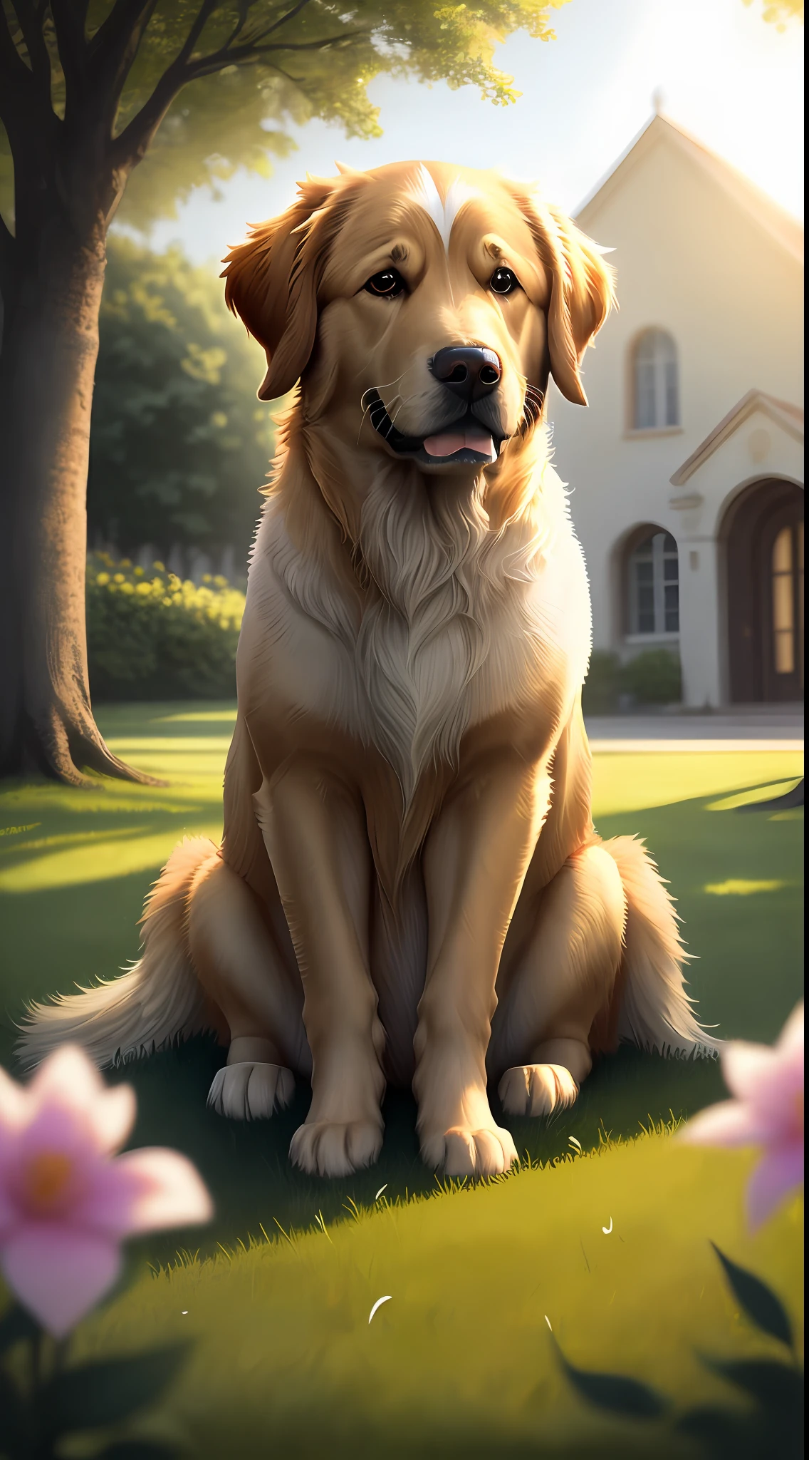 On the grass, a very cute golden retriever, close-up photo of sitting position, soft volumetric light, (backlight: 1.3), (movie: 1.2), intricate details, (ArtStation: 1.3), Rutkowski, beautiful villa, flowers, vista