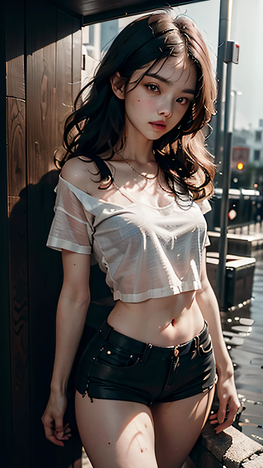 Beautiful woman with wavy hair, delicate and charming eyes, thigh notch, sexy long legs, t-shirt in small shorts, beautiful futuristic cyberpunk + city, mist, damp, rain, best quality masterpiece, realistic, detailed, 8k, HDR, shallow depth of field, wide light, high contrast, backlight, flood, flash, chromatic aberration, sharp focus, RAW color photo