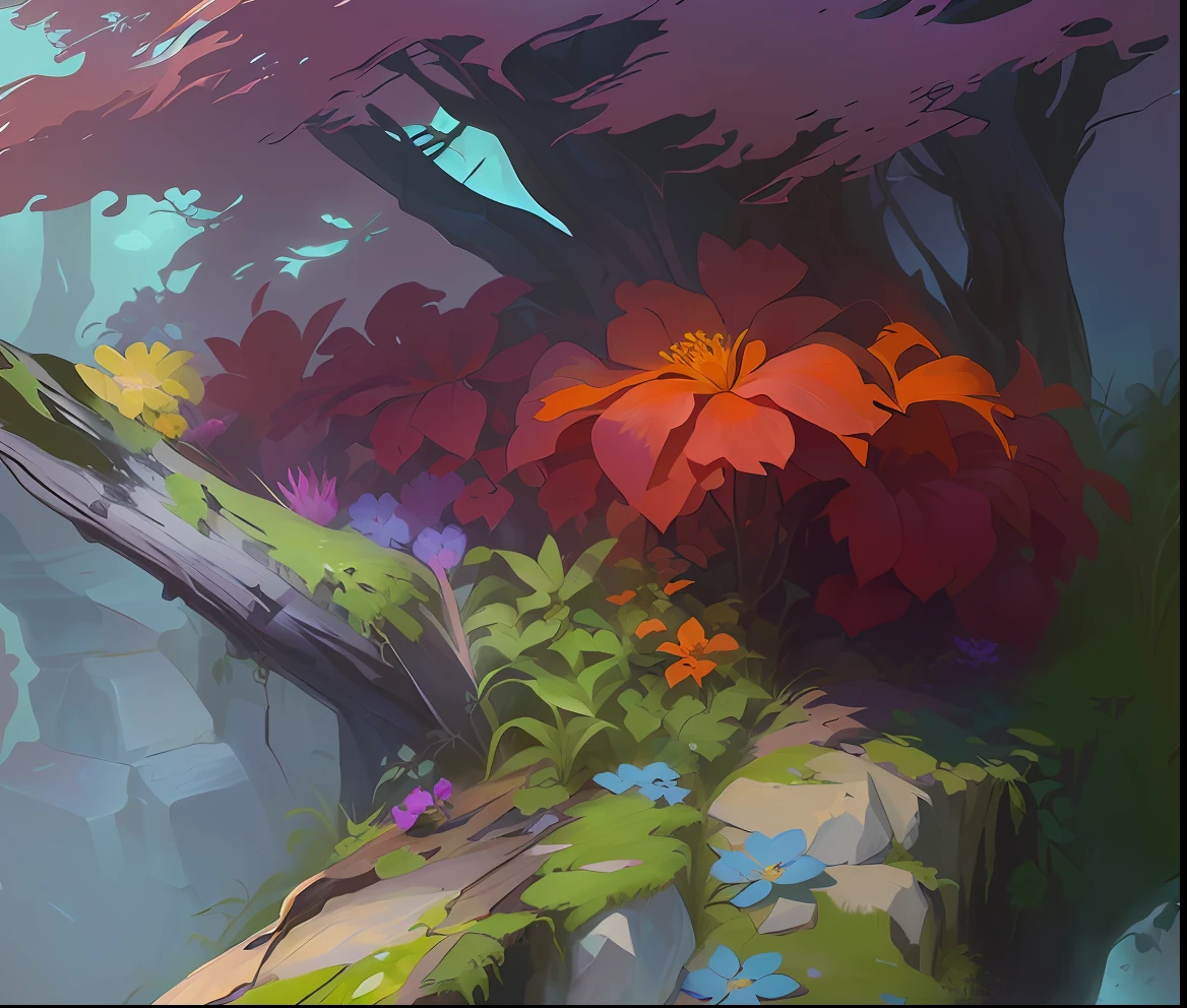 Floral environment, detailed digital painting, digital painting concept art, high detail digital painting, colorful concept art, stylized painting, low detail. Digital painting, stylized concept art, overgrown shiny spots, very detailed digital painting, painting concept art, painting concept art, color study