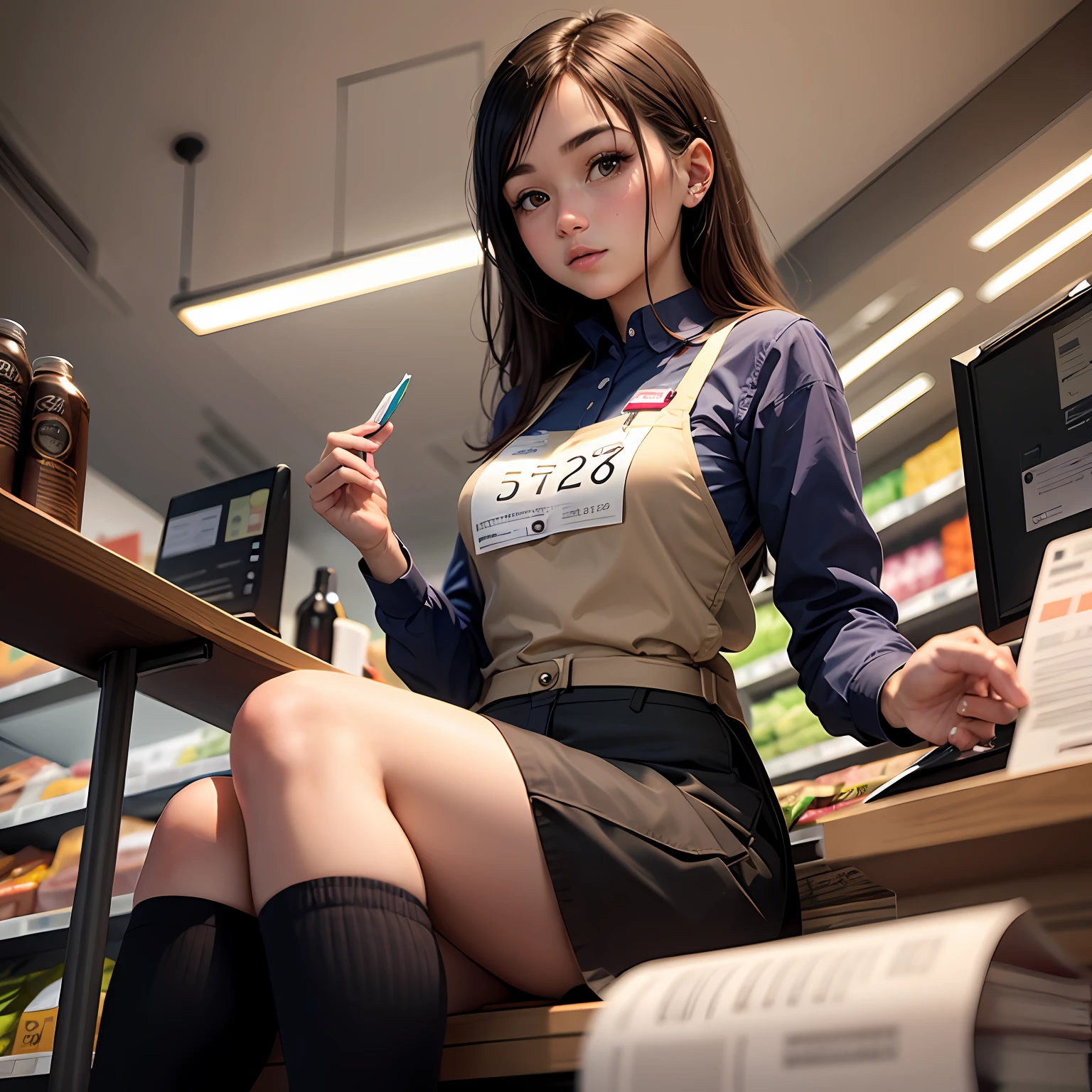 young female cashier working a supermarket checkout sitting down --auto