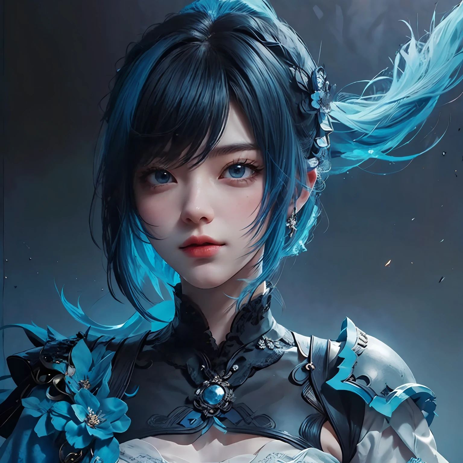 Close up portrait of a person with white shirt and blue hair, Ayaka Genshin Impact, Ayaka Game Genshin Impact, Genshin Impact Style, Genshin, Genshin Impact character, Genshin Impact, Video Game Genshin Impact, Genshin Impact Nakazato, Azure Lane Style, pale blue armor --auto