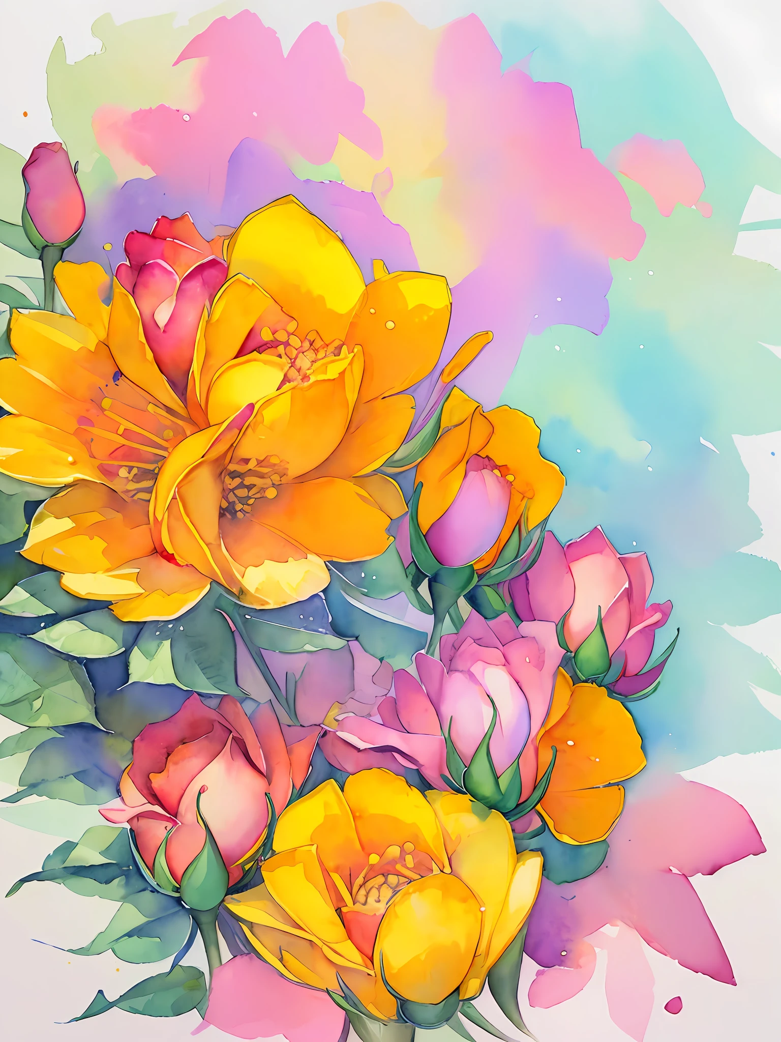 Top view of roses Highly detailed rendering, concept art, depth of field, bokeh, octane rendering, sunny mystical atmosphere Elemental flowers, 32k, watercolor