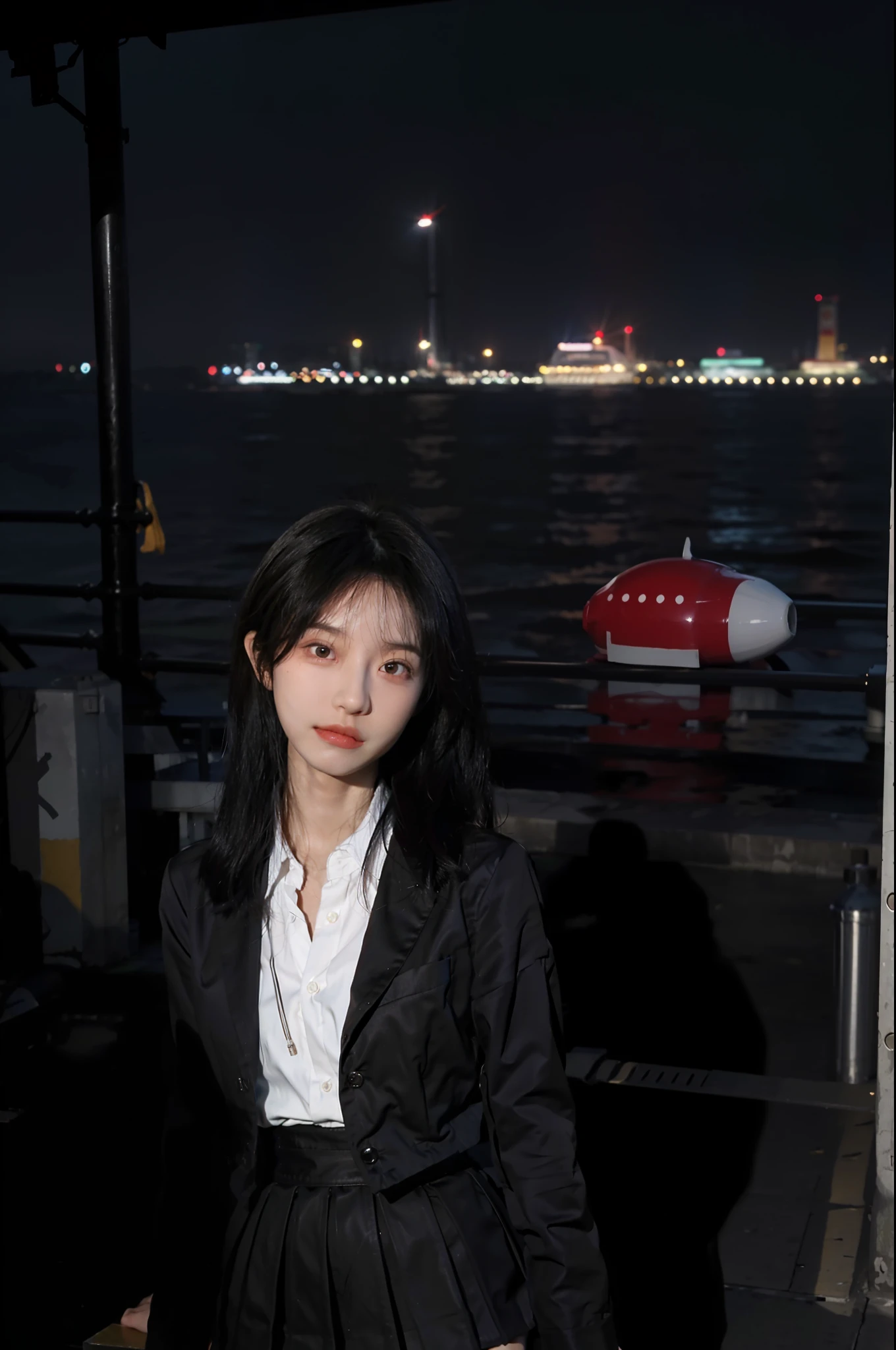 Best Quality, Masterpiece, Ultra High Resolution, (Realistic: 1.4), Best Quality, Masterpiece, Ultra High Resolution, Perfect Body Beauty: 1.4, (Black Miniskirt: 1.4), (Seaside), Super Fine Face, Fine Eyes, Double Eyelids, Black Silk, Original Photo, Night