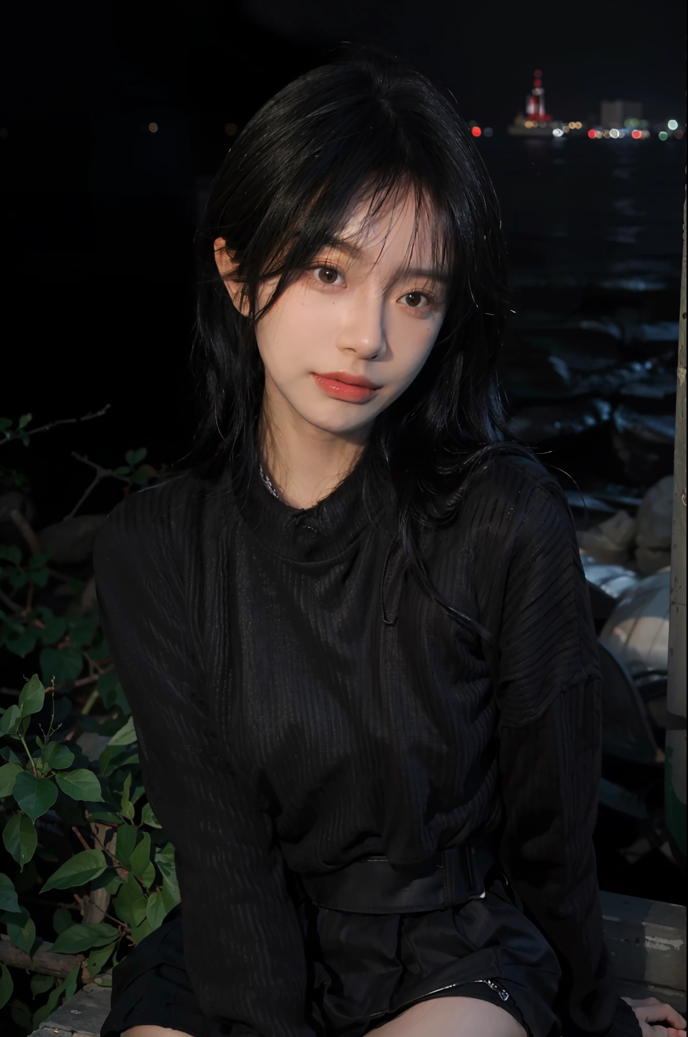 Best Quality, Masterpiece, Ultra High Resolution, (Realistic: 1.4), Best Quality, Masterpiece, Ultra High Resolution, Perfect Body Beauty: 1.4, (Black Sweater, Black Miniskirt: 1.4), (Seaside), Super Fine Face, Fine Eyes, Double Eyelids, Black Silk, Original Photo, Night, Look Up