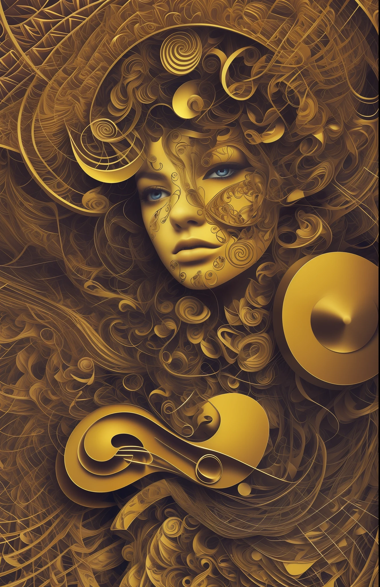 official art, unity 8k wallpaper, ultra detailed, beautiful and aesthetic, masterpiece, best quality, (zentangle, mandala, tangle, entangle), (fractal art:1.3) , 1girl, extremely detailed, dynamic angle, cowboyshot, the most beautiful form of chaos, elegant, a brutalist designed, vivid colours, romanticism, atmospheric, ecstasy of musical notes, streaming musical notes visible