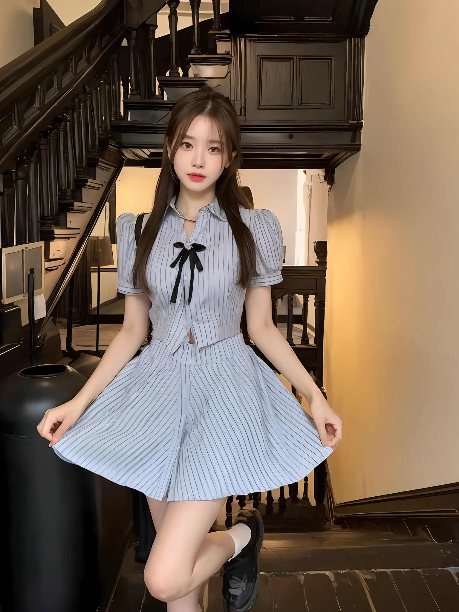 ((Best Quality, 8K, Masterpiece: 1.3)), (Flower Cap: 1.3), Focus: 1.2, Perfect Body Beauty: 1.4, Buttocks: 1.2, (Layered Haircut: 1.2)), (Dark Street: 1.3), Highly detailed face and skin texture, Full body, Fine eyes, Double eyelids, Whitened skin, Long hair, (Round face: 1.5), (Loose crop top, Shorts: 1.6) cleavage protruding pleated skirt Big breasts leaking long legs