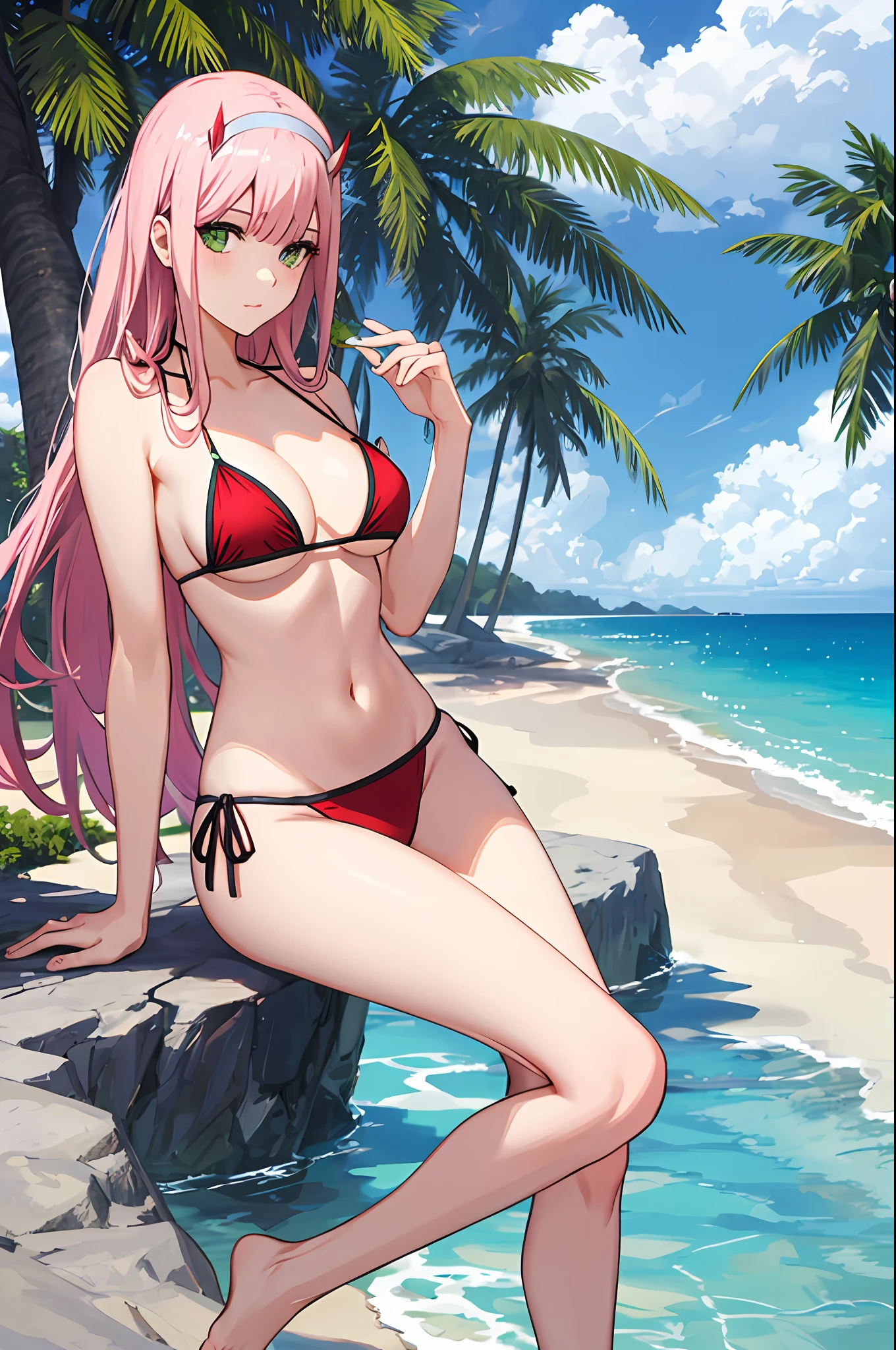 zero two, side tie bikini, medium breast, slim legs, sunny day, Beach, leaning, beautiful eyes, green eyes, nervous