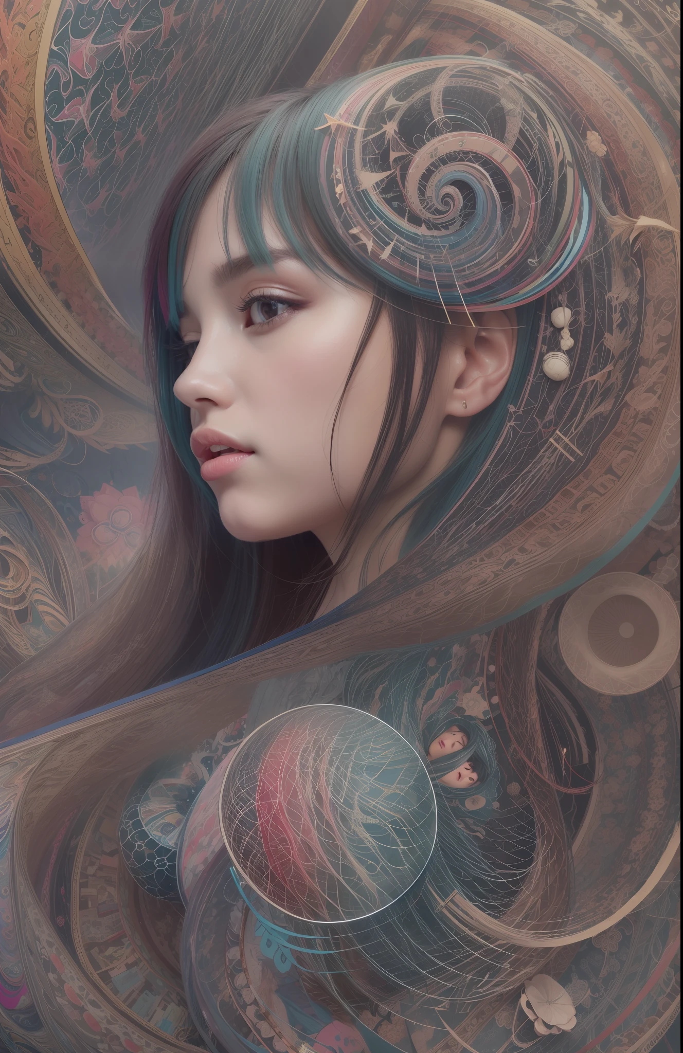 official art, unity 8k wallpaper, ultra detailed, beautiful and aesthetic, masterpiece, best quality, (zentangle, mandala, tangle, entangle), (fractal art:1.3) , 1girl, extremely detailed, dynamic angle, cowboyshot, the most beautiful form of chaos, elegant, a brutalist designed, vivid colours, romanticism, , atmospheric, ecstasy of musical notes, streaming musical notes visible