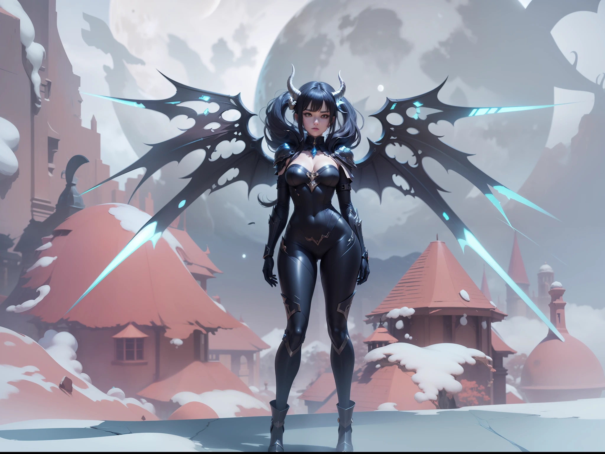 Anime character with horns and a heavy cybe parapet in the colors white dark pink standing in front of a full moon, moon clothes, fantasy outfit, in-game render, astral witch clothes, highly detailed full body, anime very detailed, clear outfit design, 8k octae render photo, beautiful celestial demon with large black cyborg wings on both sides