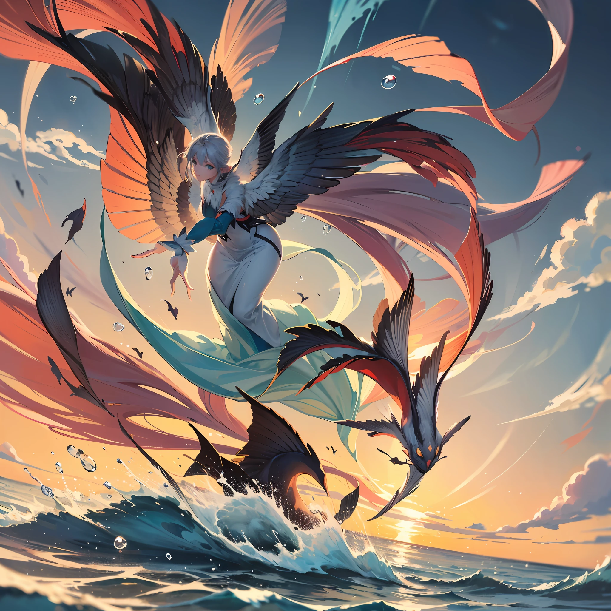 ((High quality)), meticulous painting, like a fish flying in the North Sea, soft and delicate colors, clear water droplets, clouds in the firmament, gentle dusk, soft light hitting the water, flowing picture, ink style. --auto