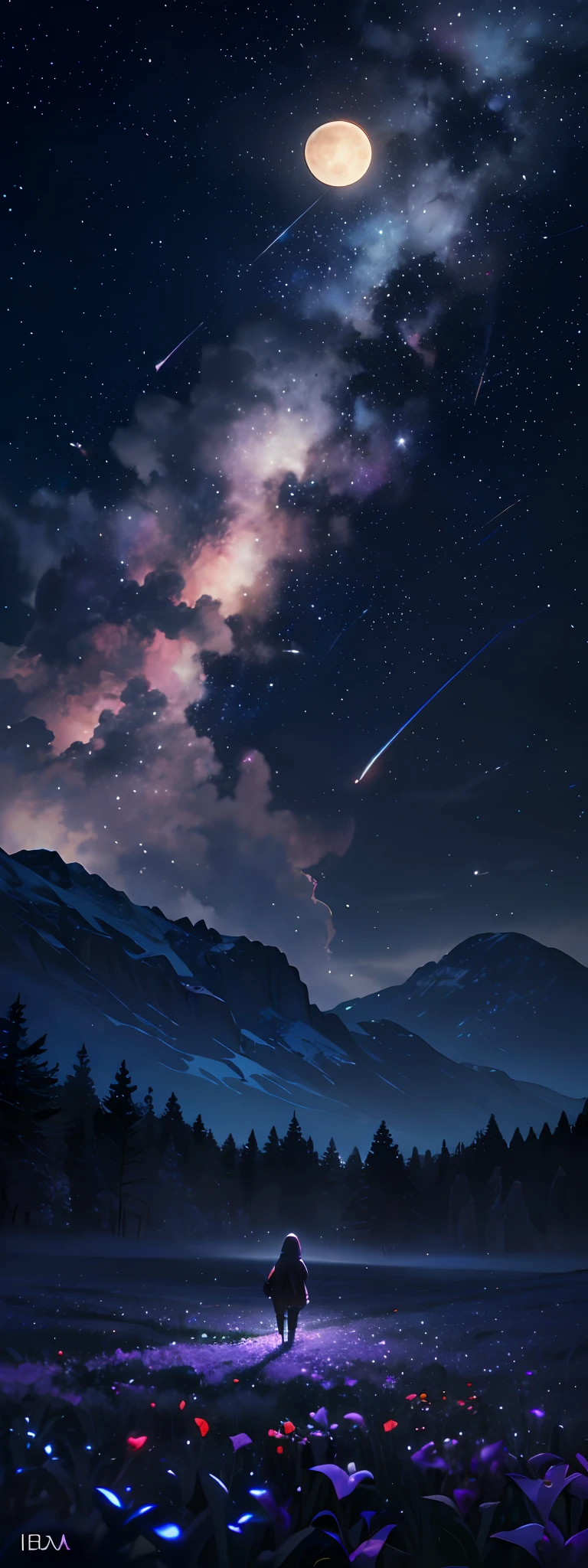 expansive landscape photograph , (a view from below that shows sky above and open field below), a girl standing on flower field looking up, (full moon:1.2), ( shooting stars:0.9), (nebula:1.3), distant mountain, tree BREAK
production art, (warm light source:1.2), (Firefly:1.2), lamp, lot of purple and orange, intricate details, volumetric lighting BREAK
(masterpiece:1.2), (best quality), 4k, ultra-detailed, (dynamic composition:1.4), highly detailed, colorful details,( iridescent colors:1.2), (glowing lighting, atmospheric lighting), dreamy, magical, (solo:1.2)