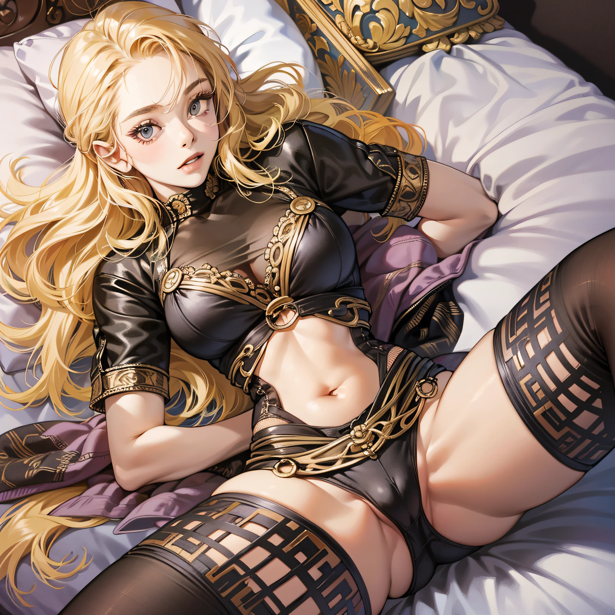 Attractive long blonde young woman looking here, indigenous costume of South American Amazon hinterland, skin tight, soft looking big, crotch wide open, lying on bed