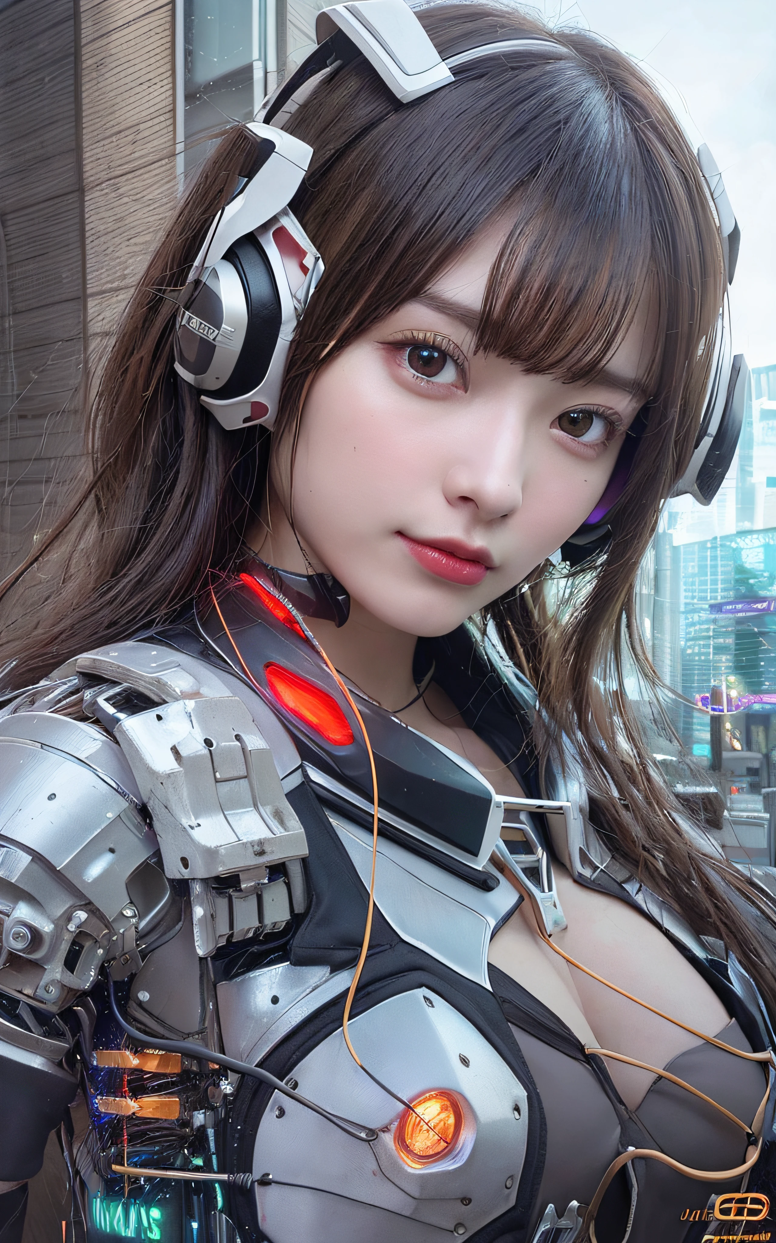 Top quality, masterpiece, ultra high resolution, (photorealistic: 1.4), raw photo, futuristic town perspective, futuristic skyscrapers, futuristic street corner, one girl, black hair, shiny skin, 1 Gundam girl, (((ultra-realistic details)), Sydmide style mecha design, portrait, global illumination, shadows, octane rendering, 8K, Ultra sharp, big, cleavage exposed raw skin, metal, intricate ornament details, headset, hydraulic cylinder, very intricate details, realistic light, CGSoation trend, purple eyes, glowing eyes, facing the camera, neon details, mechanical limbs, blood vessels connected to tubes, mechanical vertebrae attached to the back, mechanical cervical attachment to the neck, sitting, wires and cables connecting to the head, Gundam suit, cyberpunk, small LED lamps,