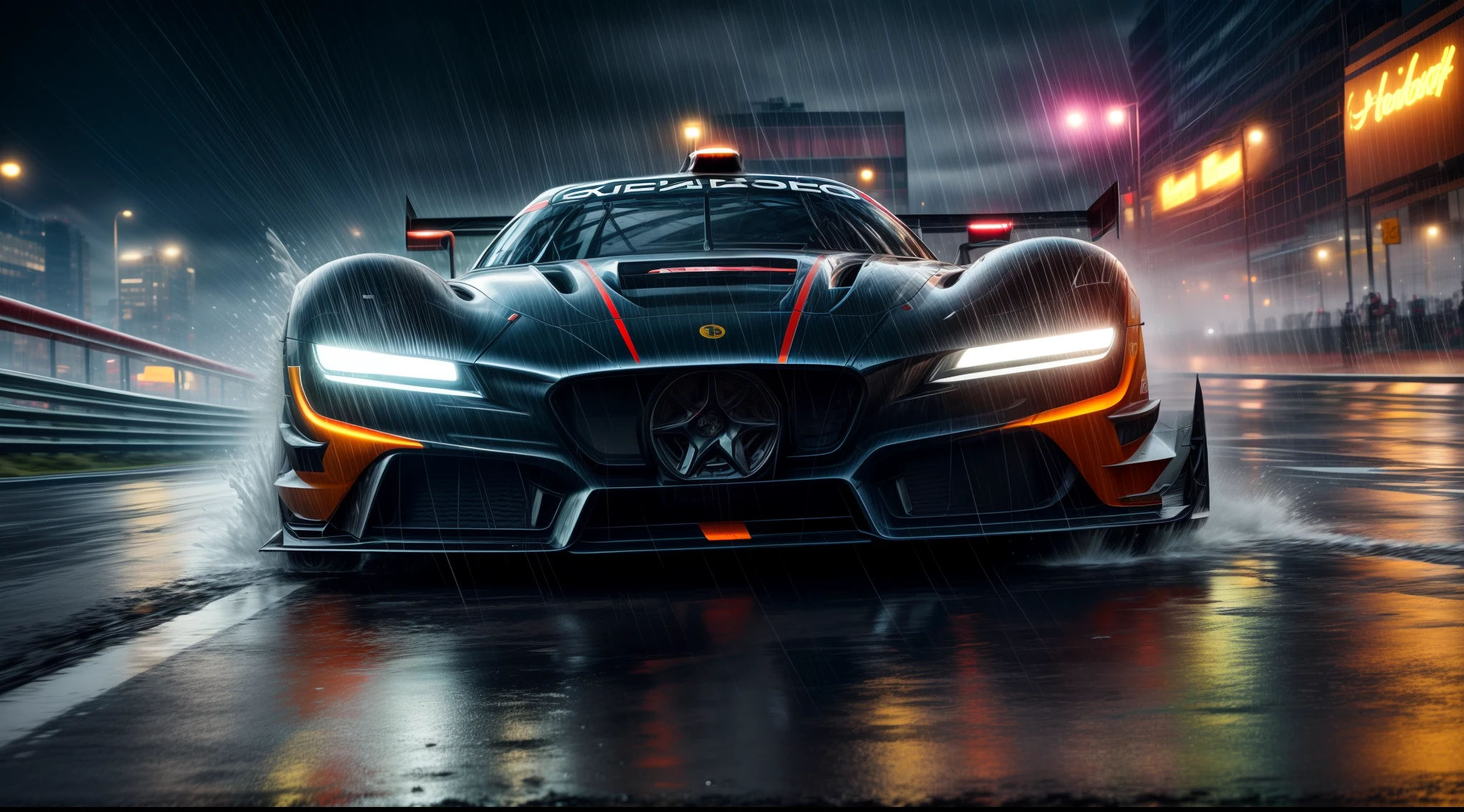 A race car speeding along a wet road in the rain, water splashing behind it, creating a dynamic and exhilarating motion, surrounded by vibrant city lights reflecting on the slick asphalt, evoking a sense of urban energy and futuristic technology, Photography, high-speed capture with a telephoto lens (200mm),