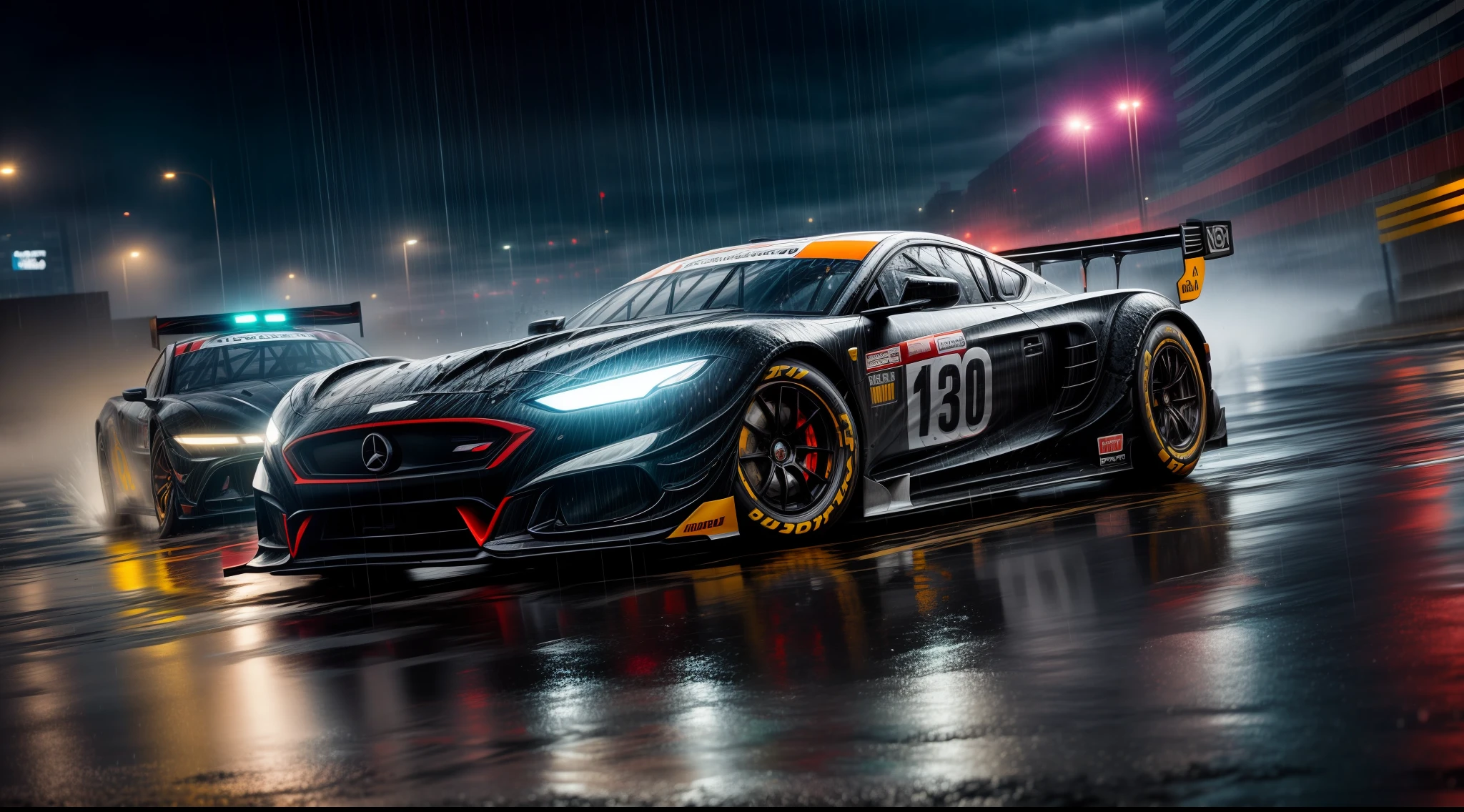 A race car speeding along a wet road in the rain, water splashing behind it, creating a dynamic and exhilarating motion, surrounded by vibrant city lights reflecting on the slick asphalt, evoking a sense of urban energy and futuristic technology, Photography, high-speed capture with a telephoto lens (200mm),