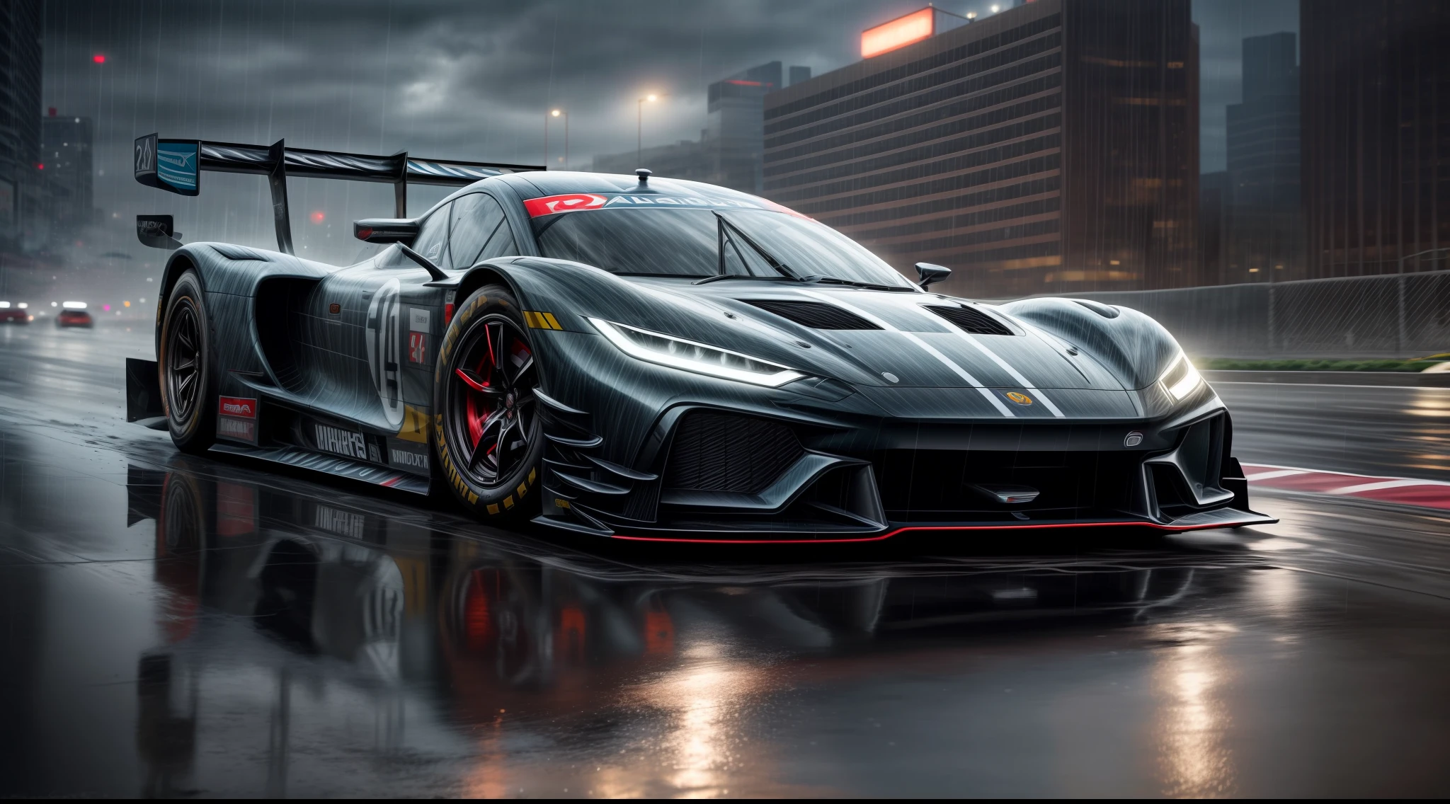 An ultra-realistic race car designed as a concept car on wet roads, speeding through a rain-soaked highway with water droplets cascading off its sleek body, capturing every detail of the car's aerodynamic curves and reflective surfaces, surrounded by blurred city lights, conveying a sense of speed and exhilaration, Photography, high-resolution capture with a full-frame DSLR and a wide-angle lens (24mm)