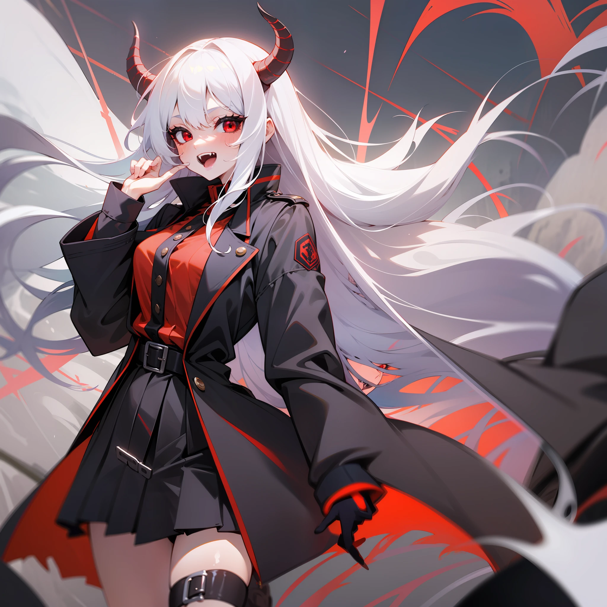 Anime girl with long white hair and horns in a black and red outfit ...