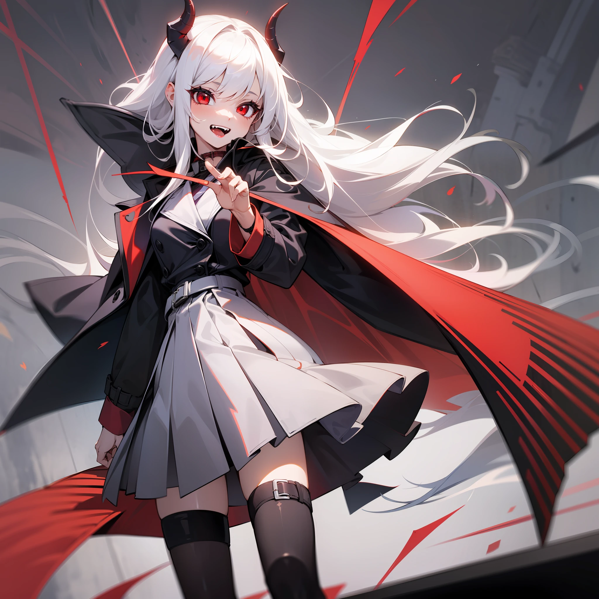 A girl, demon, white hair, long hair, dark red eyes, surrounded by the battlefield, wearing a long black trench coat, wearing a white skirt, hair fluttering in the wind, trench coat fluttering in the wind, full body like, mockery, fangs, provocative gestures