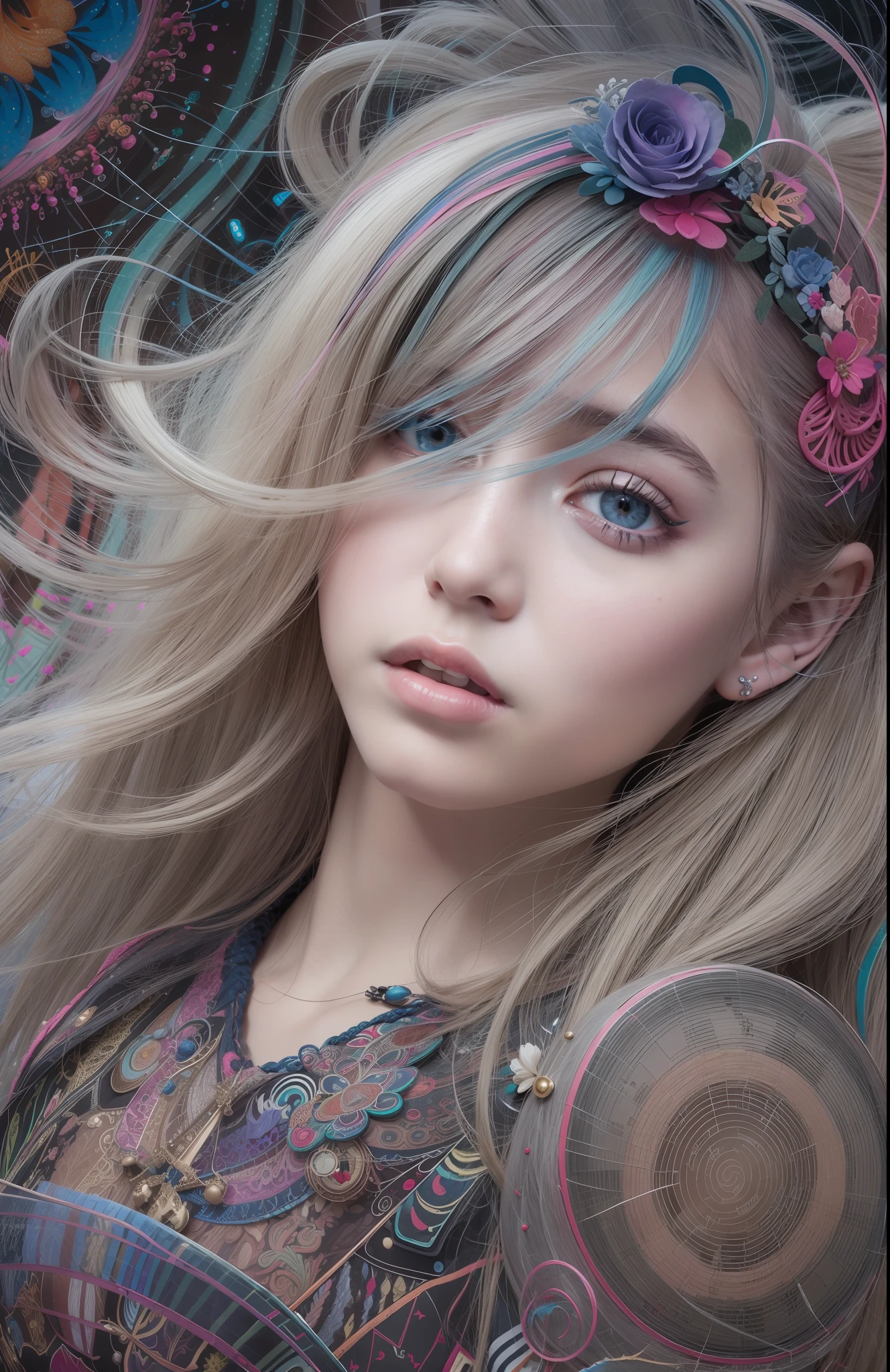 official art, unity 8k wallpaper, ultra detailed, beautiful and aesthetic, masterpiece, best quality, (zentangle, mandala, tangle, entangle), (fractal art:1.3) , 1girl, extremely detailed, dynamic angle, cowboyshot, the most beautiful form of chaos, elegant, a brutalist designed, vivid colours, romanticism, , atmospheric, ecstasy of musical notes, streaming musical notes visible