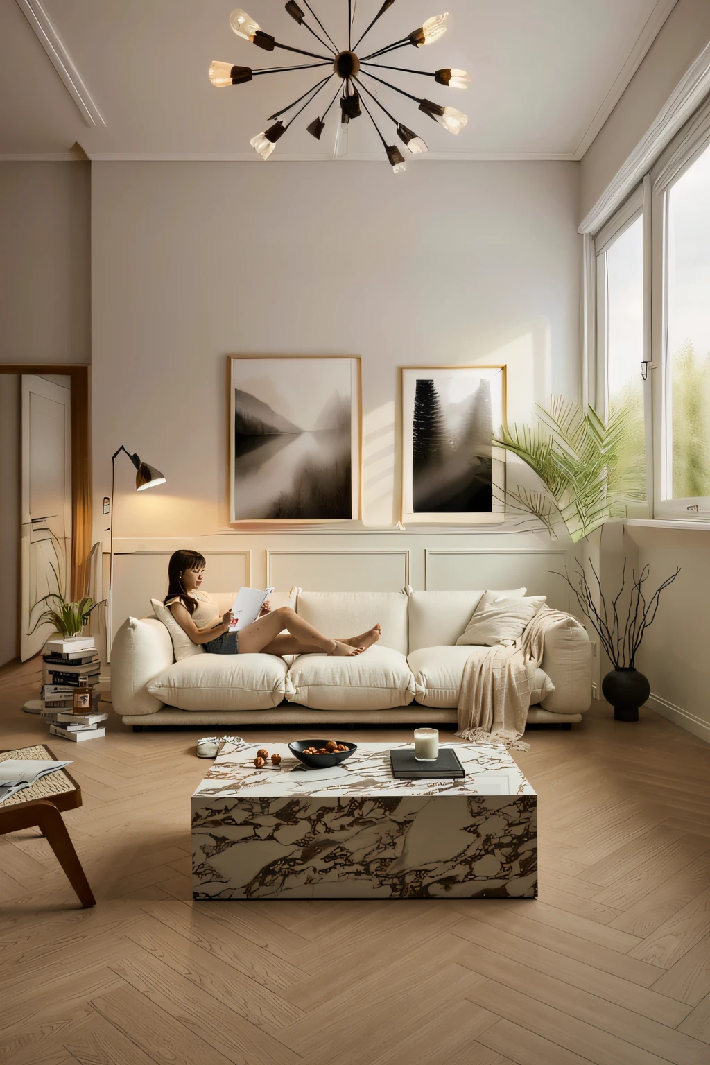 Mid-century modern living room dimly lit, outside is dark rainy nights, (foggy rainy nights: 1.2), Pacific Northwest, (dim lights: 1.4), (moody lights: 1.2), plants, large plants, rainy days, monstera, many plants, (foggy windows: 1.2), masterpiece, best quality, twilight, (night: 1.4), rainy nights, after sunset,