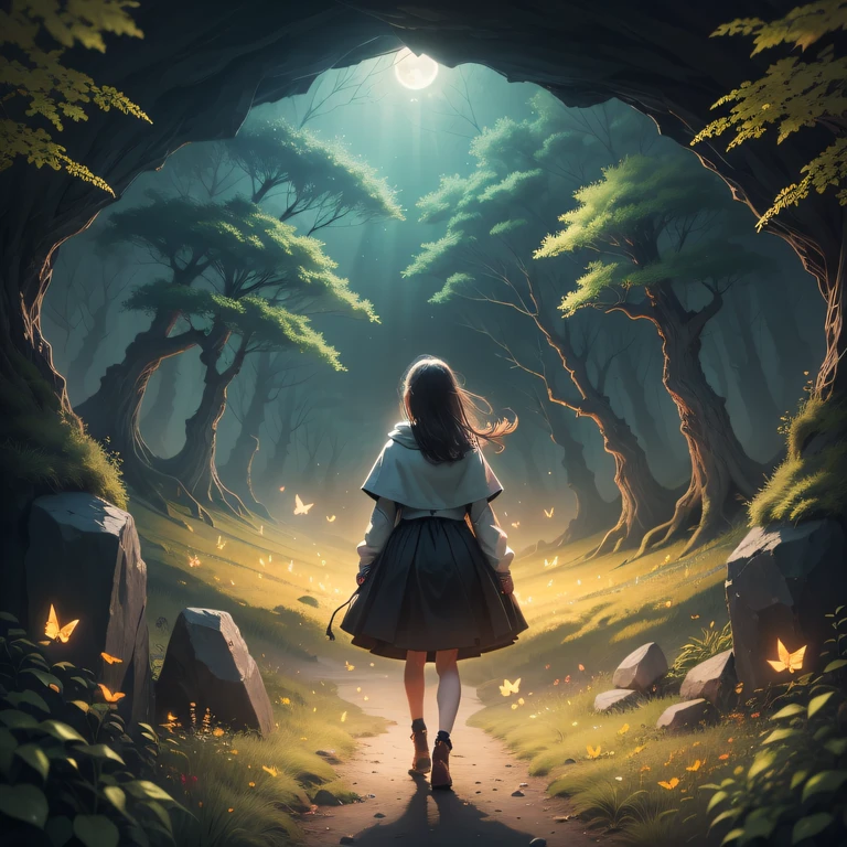 Best quality, night, dark forest, empty meadow, a girl standing outside a cave, golden butterflies flying, vista
