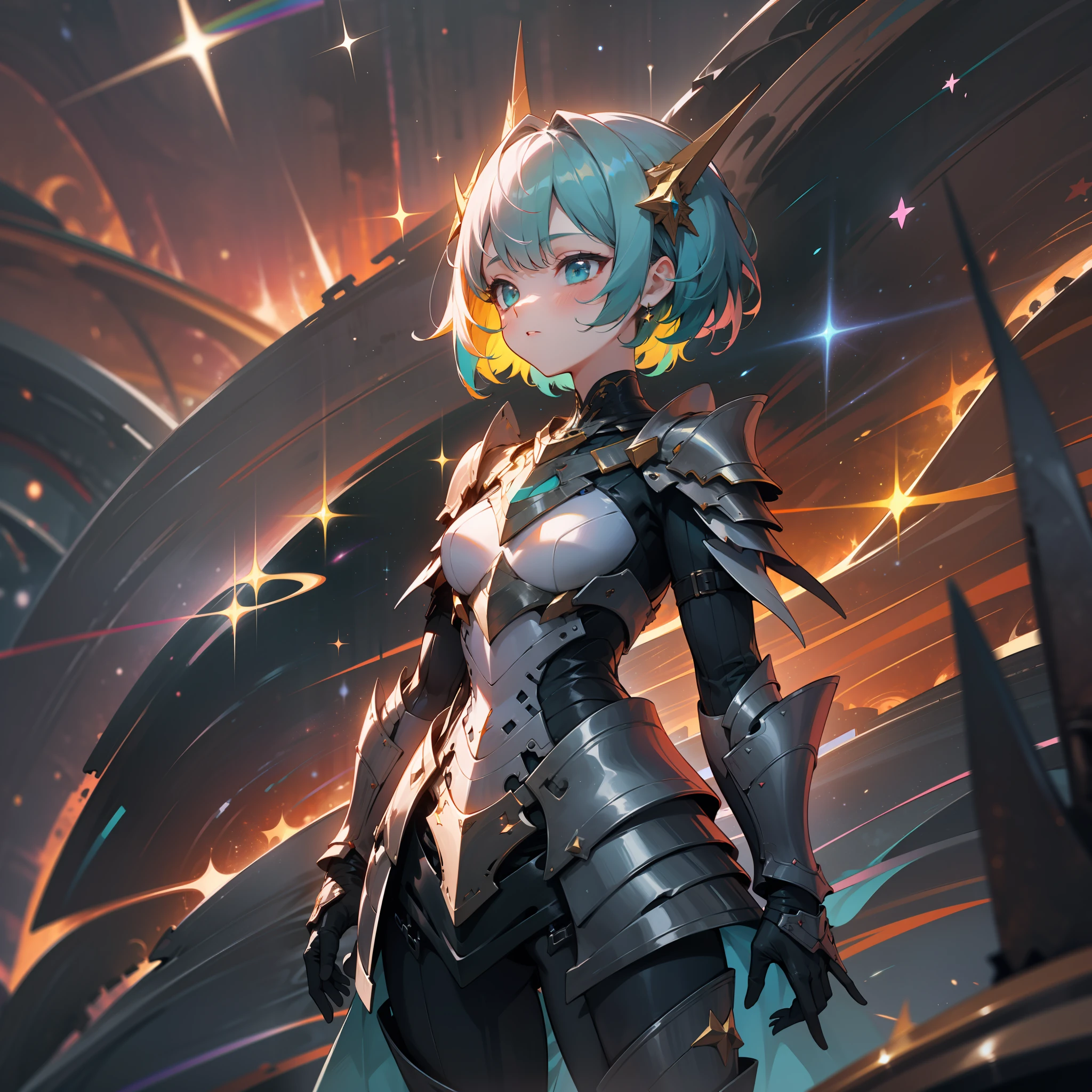 a girl, wildly rainbow colored short hair, dark fantasy, rainbow teal colored dress armor, standing, cosmic nebula background, stars, galaxies, surrounded by dark machines and shadows