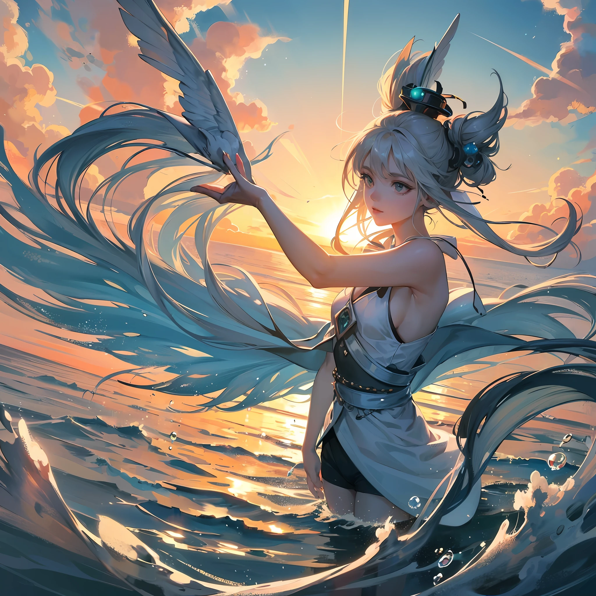 ((High quality)), meticulous painting, like a fish flying in the North Sea, soft and delicate colors, clear water droplets, clouds in the firmament, gentle dusk, soft light hitting the water, flowing picture, ink style. --auto