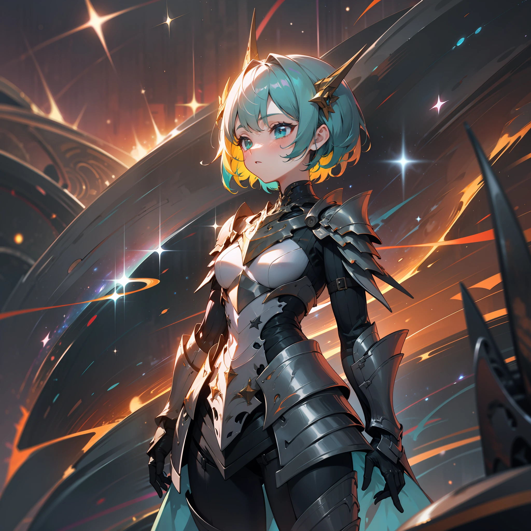 a girl, wildly rainbow colored short hair, dark fantasy, rainbow teal colored dress armor, standing, cosmic nebula background, stars, galaxies, surrounded by dark machines and shadows