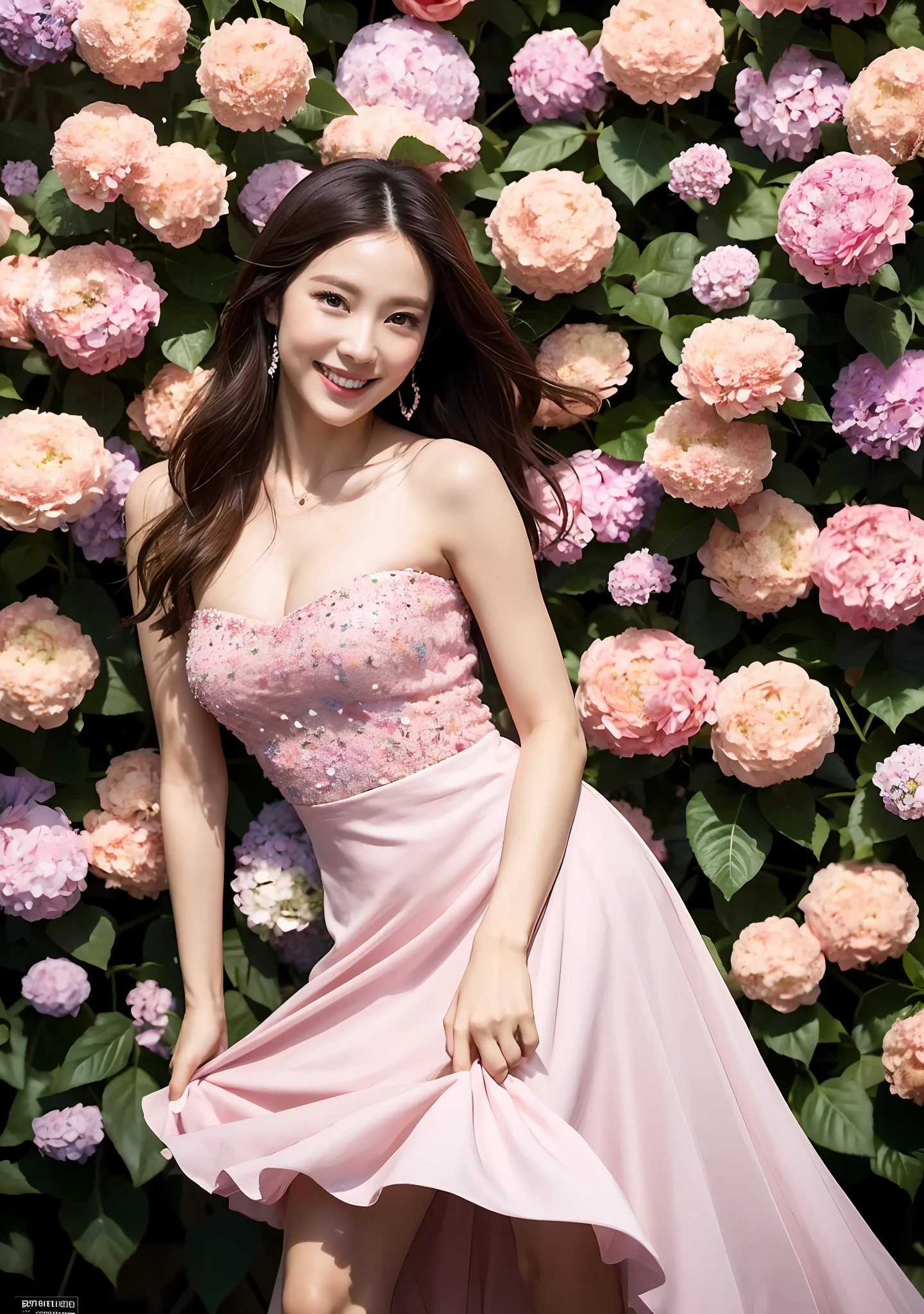 Flowers all over the wall, (best light: 1.2, cute Korean girl: 1.2, [white dress: 1.3], full body, beautiful dance moves, wearing pink long-haired mink bandeau dress, multicolored flower wall, poster level, flowers on the wall are not crowded, elegant and colorful: 1.1, bright and moving: 1.1, [ultra-detailed: 1.2 + dynamic pose + delicate: 1.2],), big breasts, pursed lips and smiles, The sides are five-colored flowers, the wall is pink hydrangeas, roses, colorful chrysanthemums, and the background wall is a wall of flowers dominated by pink