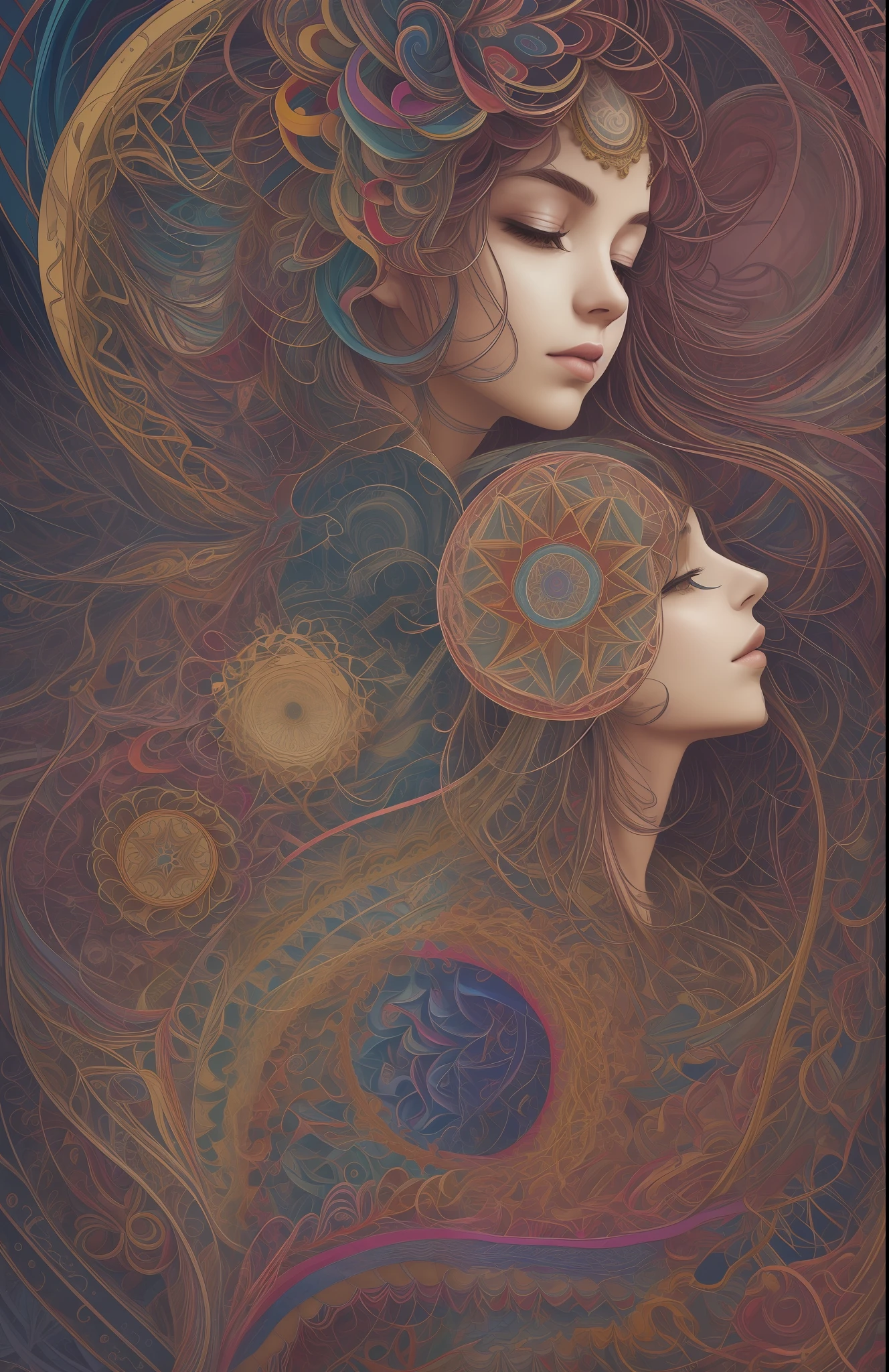 official art, unity 8k wallpaper, ultra detailed, beautiful and aesthetic, masterpiece, best quality, (zentangle, mandala, tangle, entangle), (fractal art:1.3) , 1girl, extremely detailed, dynamic angle, cowboyshot, the most beautiful form of chaos, elegant, a brutalist designed, vivid colours, romanticism, , atmospheric, ecstasy of musical notes, streaming musical notes visible