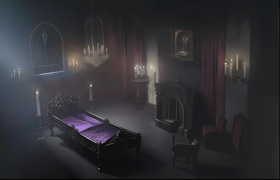 there are two coffins in a dark room with candles, gothic mansion room, picture inside covens den, foreboding room, inside gothic doll manor bedroom, placed in a bloody hall, room of a dark mansion, an evil villain's lair, photorealistic dark concept art, inside covens den, a magician's chamber, creepy fantasy ambience, decadent throne room