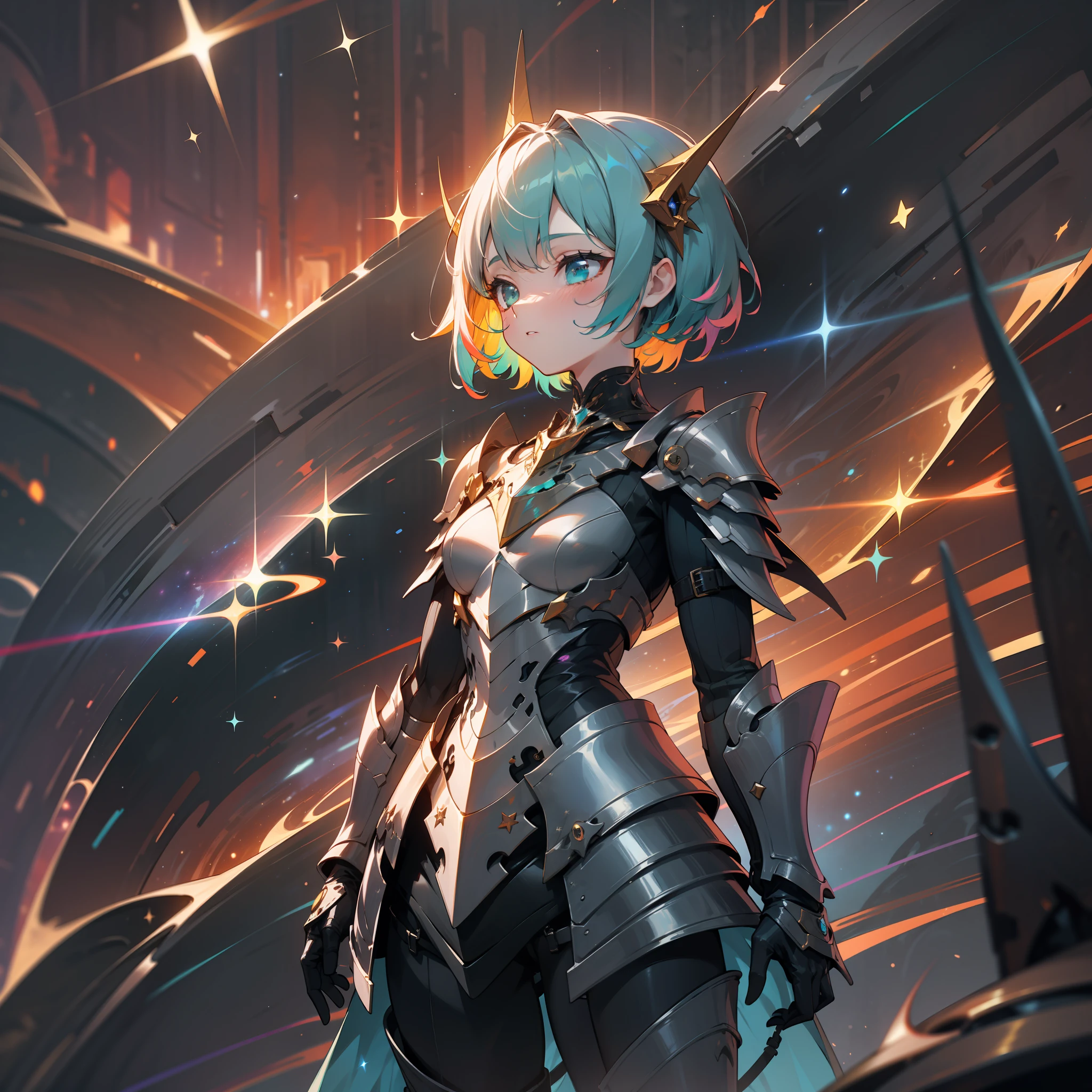 a girl, wildly rainbow colored short hair, dark fantasy, rainbow teal colored dress armor, standing, cosmic nebula background, stars, galaxies, surrounded by dark machines and shadows