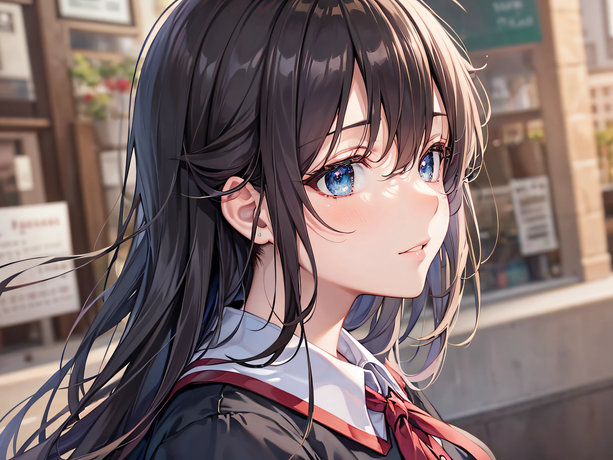 Anime high school girl, uniform, café, perfect black hair girl, flowing hair, smooth art CG, top quality, super high definition, 16K, profile, delicate eyes, intricate details, absurdity