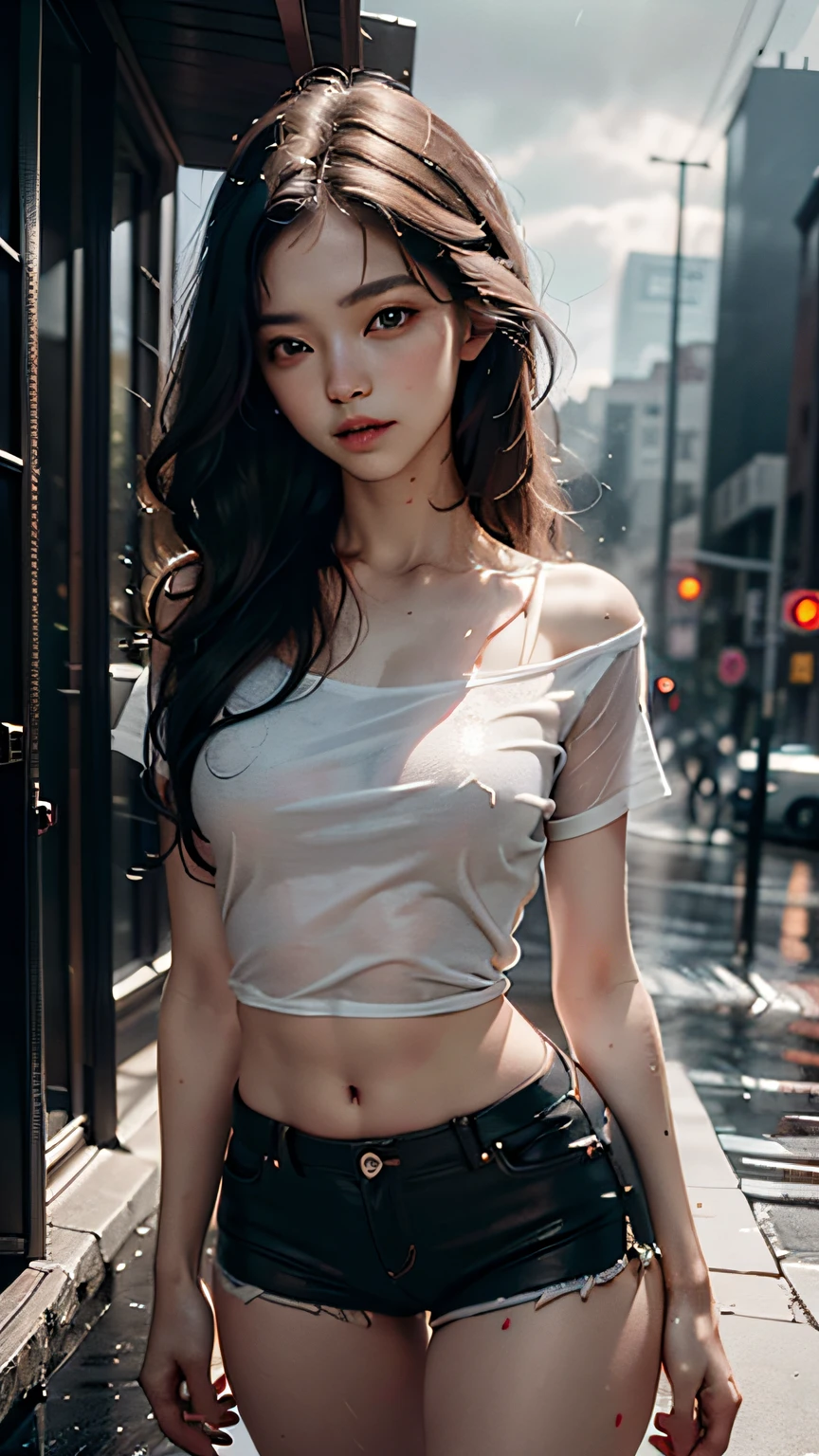 Beautiful woman with wavy hair, delicate and charming eyes with notched thighs, sexy long legs, t-shirt in small shorts, beautiful futuristic cyberpunk + city, mist, damp, rain, best quality masterpiece, realistic, detailed, 8k, HDR, shallow depth of field, wide light, high contrast, backlight, flood, flash, chromatic aberration, sharp focus, RAW color photo, natural movement, reality, super high resolution