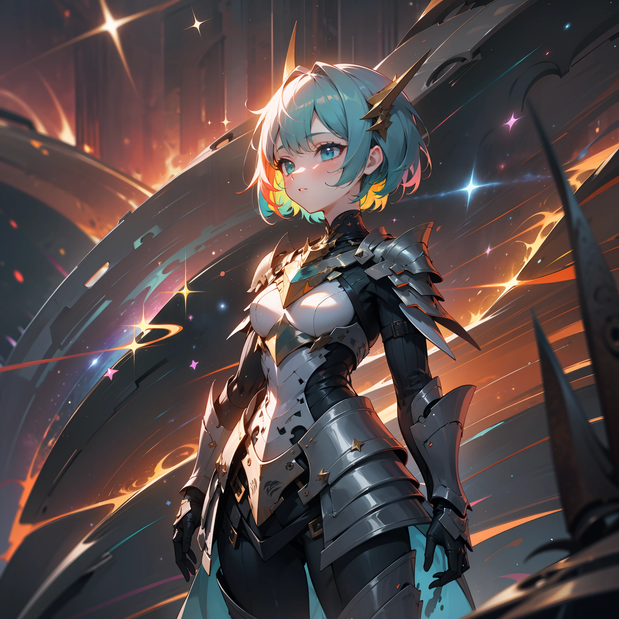 a girl, wildly rainbow colored short hair, dark fantasy, rainbow teal colored dress armor, standing, cosmic nebula background, stars, galaxies, surrounded by dark machines and shadows