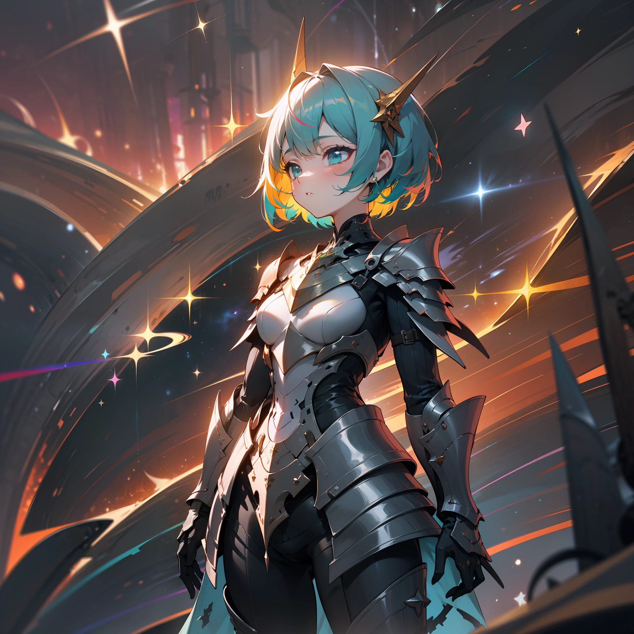 a girl, wildly rainbow colored short hair, dark fantasy, rainbow teal colored dress armor, standing, cosmic nebula background, stars, galaxies, surrounded by dark machines and shadows