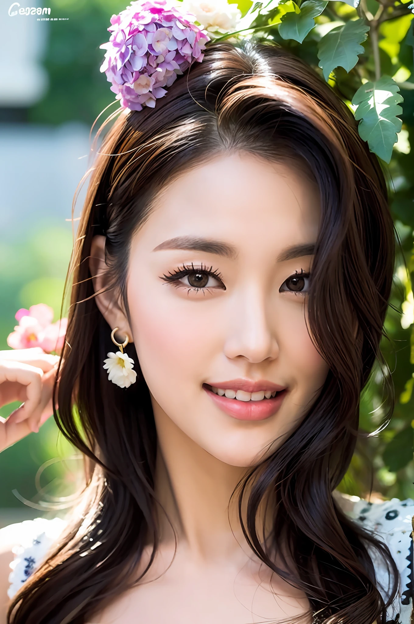Flowers all over the wall, (best light: 1.2, cute Korean girl: 1.2, [white dress: 1.3], full body, beautiful dance moves, wearing pink long-haired mink bandeau dress, multicolored flower wall, poster level, flowers on the wall are not crowded, elegant and colorful: 1.1, bright and moving: 1.1, [ultra-detailed: 1.2 + dynamic pose + delicate: 1.2],), big breasts, pursed lips and smiles, The sides are five-colored flowers, the wall is pink hydrangeas, roses, colorful chrysanthemums, and the background wall is a wall of flowers dominated by pink