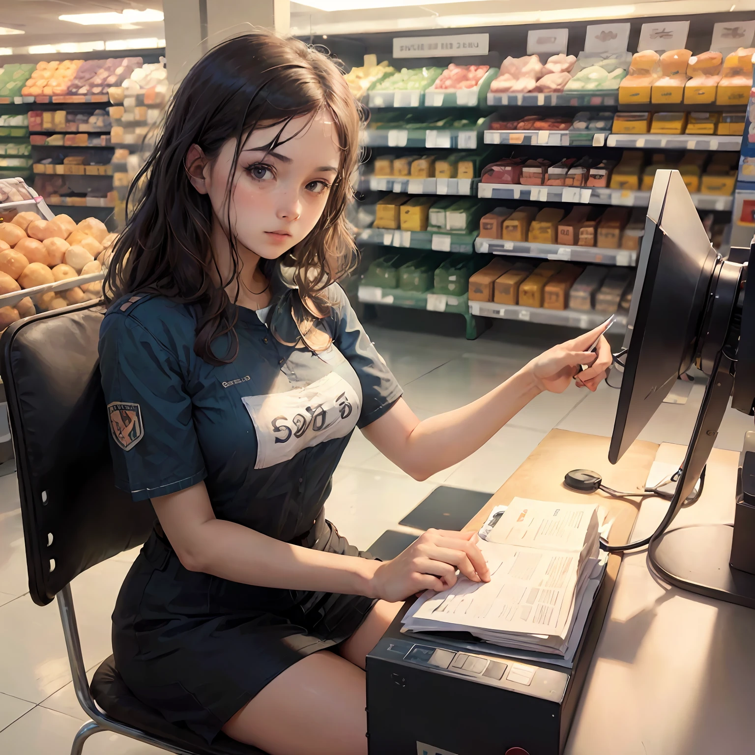 "young woman cashier scanning items at a supermarket checkout counter sitting on a swivel chair" --auto