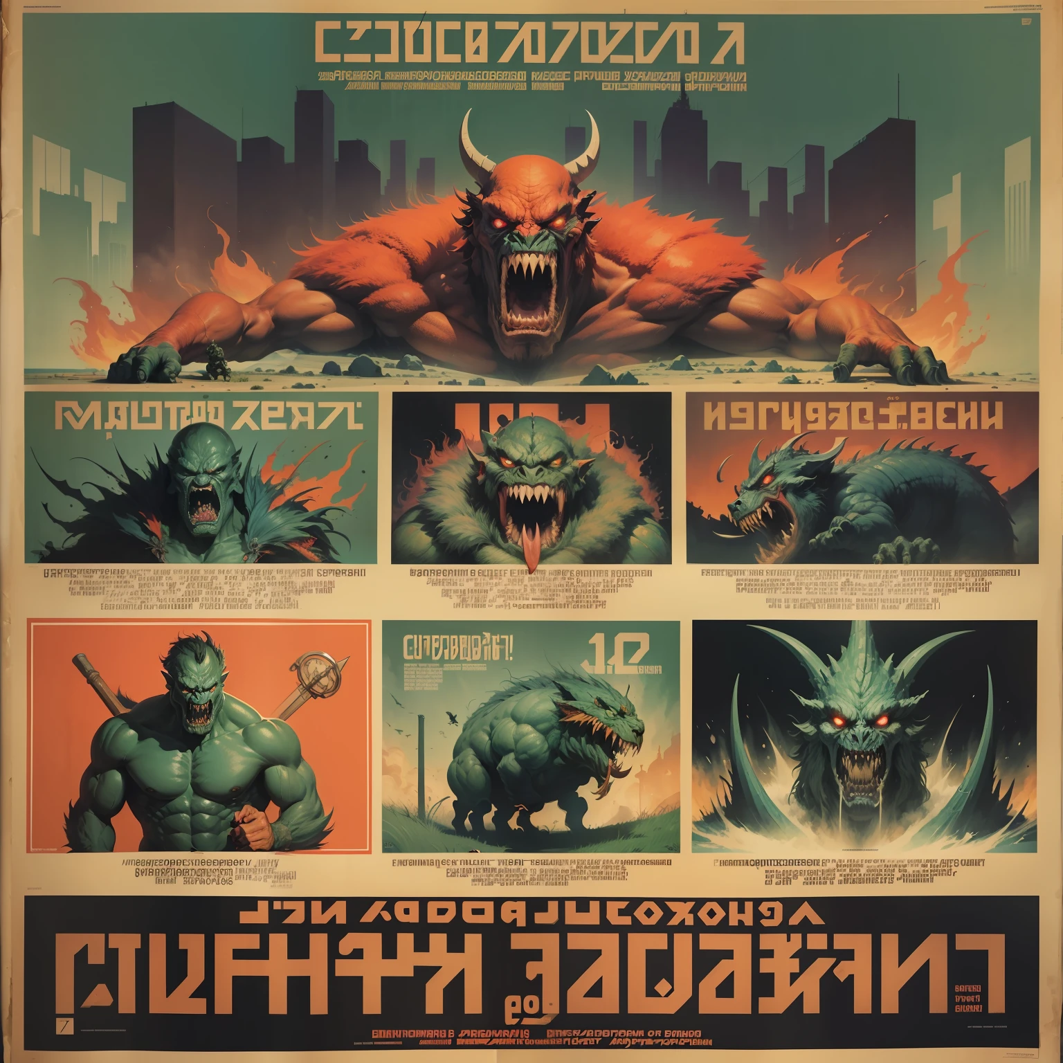 ((CCCP Poster, Soviet Poster)) ((( "A monster, battleing, a wild angy creature."))) , propaganda Poster, poster, Poster design, poster art style. 1970s, 1950s, 1960s, basic colour scheme, Very colourful poster, colour art, thirds rule, inspiring, left side shot figh, old comic poster, pulp art