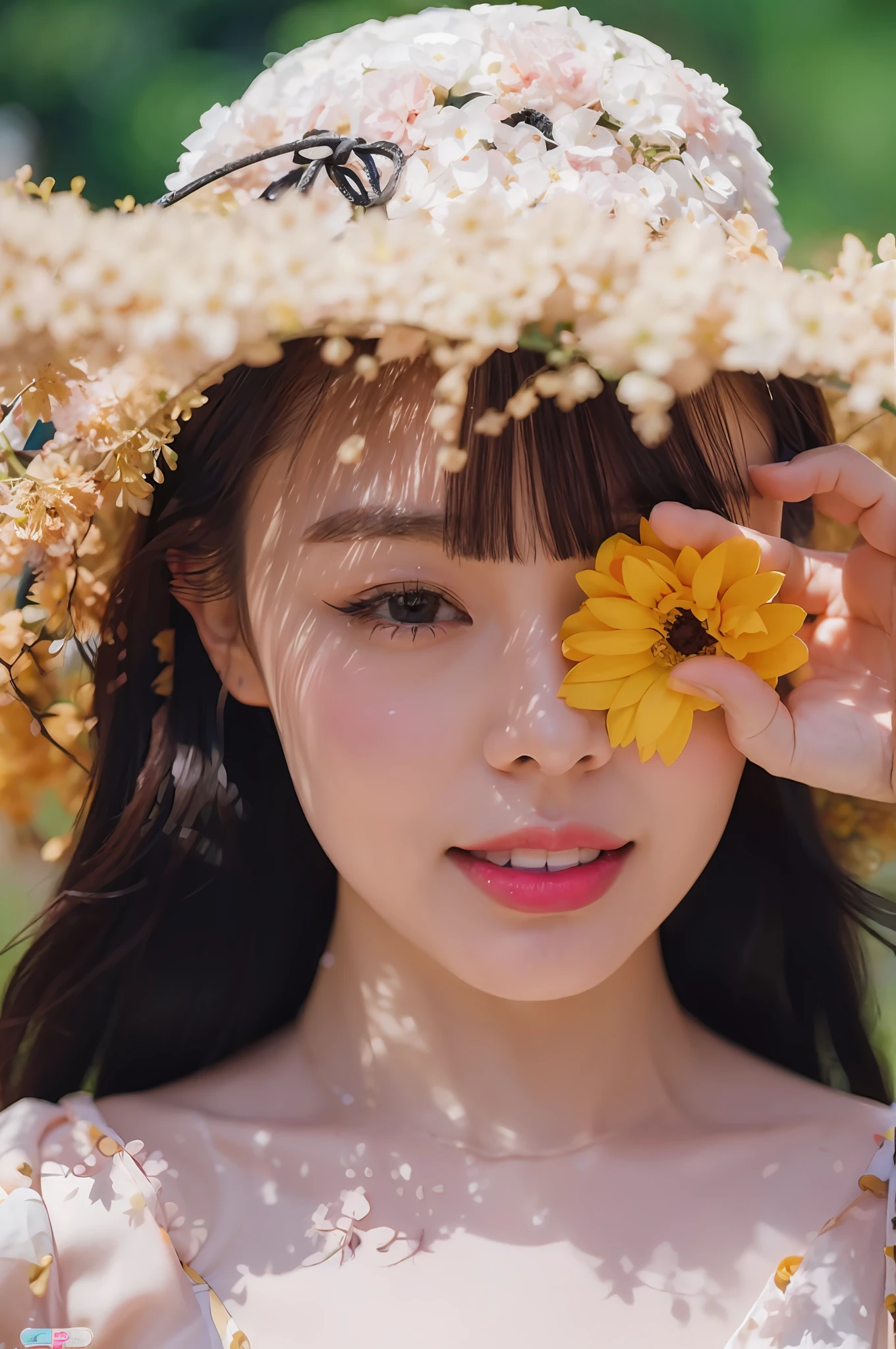 Flowers all over the wall, (best light: 1.2, cute Korean girl: 1.2, [white dress: 1.3], full body, beautiful dance moves, wearing pink long-haired mink bandeau dress, multicolored flower wall, poster level, flowers on the wall are not crowded, elegant and colorful: 1.1, bright and moving: 1.1, [ultra-detailed: 1.2 + dynamic pose + delicate: 1.2],), big breasts, pursed lips and smiles, The sides are five-colored flowers, the wall is pink hydrangeas, roses, colorful chrysanthemums, and the background wall is a wall of flowers dominated by pink