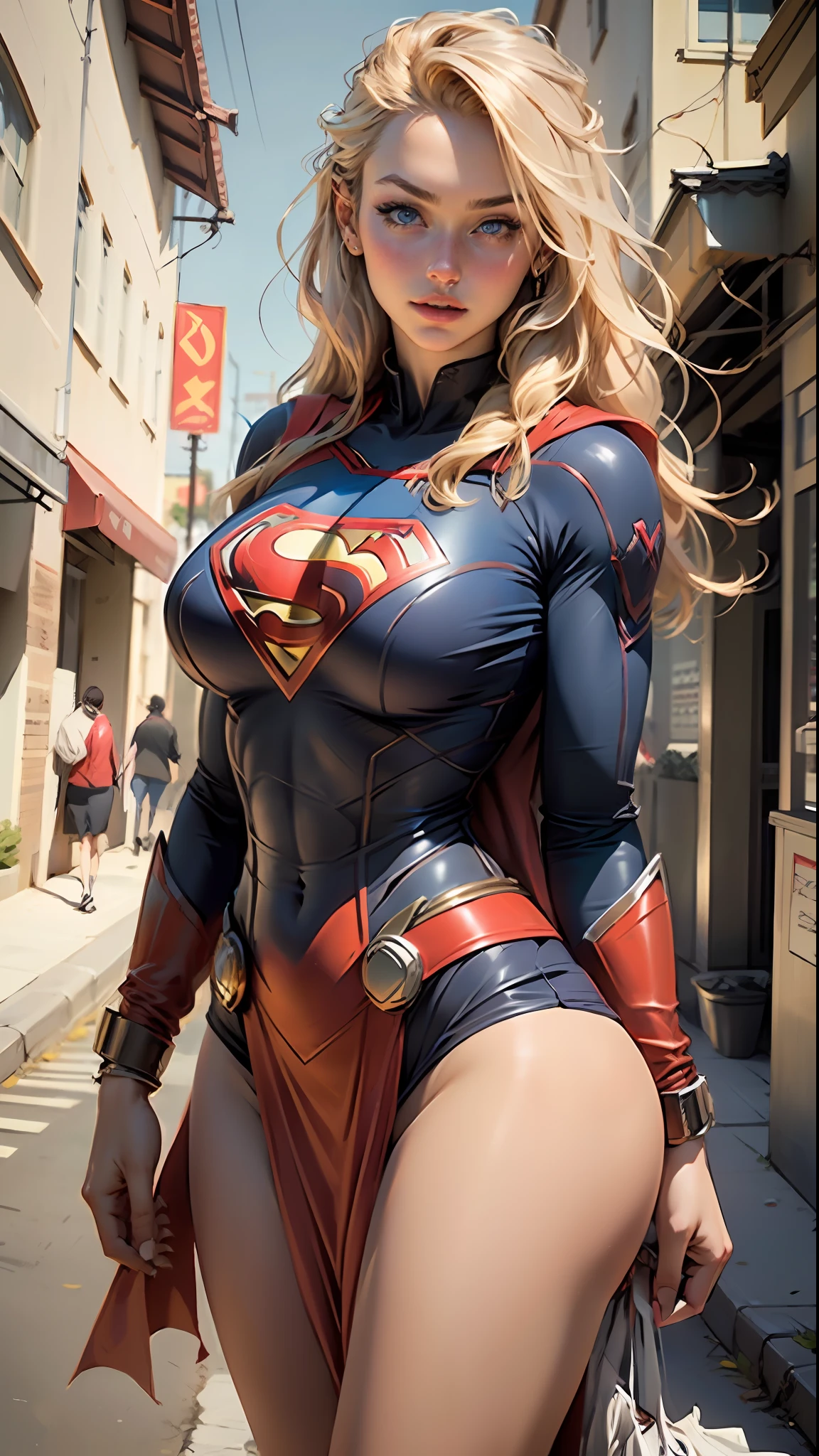 (best quality)), ((masterpiece)), ((realistic)), (detailed), detailed face,supergirl Beautiful woman (20 years old, long blonde hair, blue eyes) defined body, detailed,superman symbol S on chest, wearing tube dress supergirl suite,(((huge breasts)))