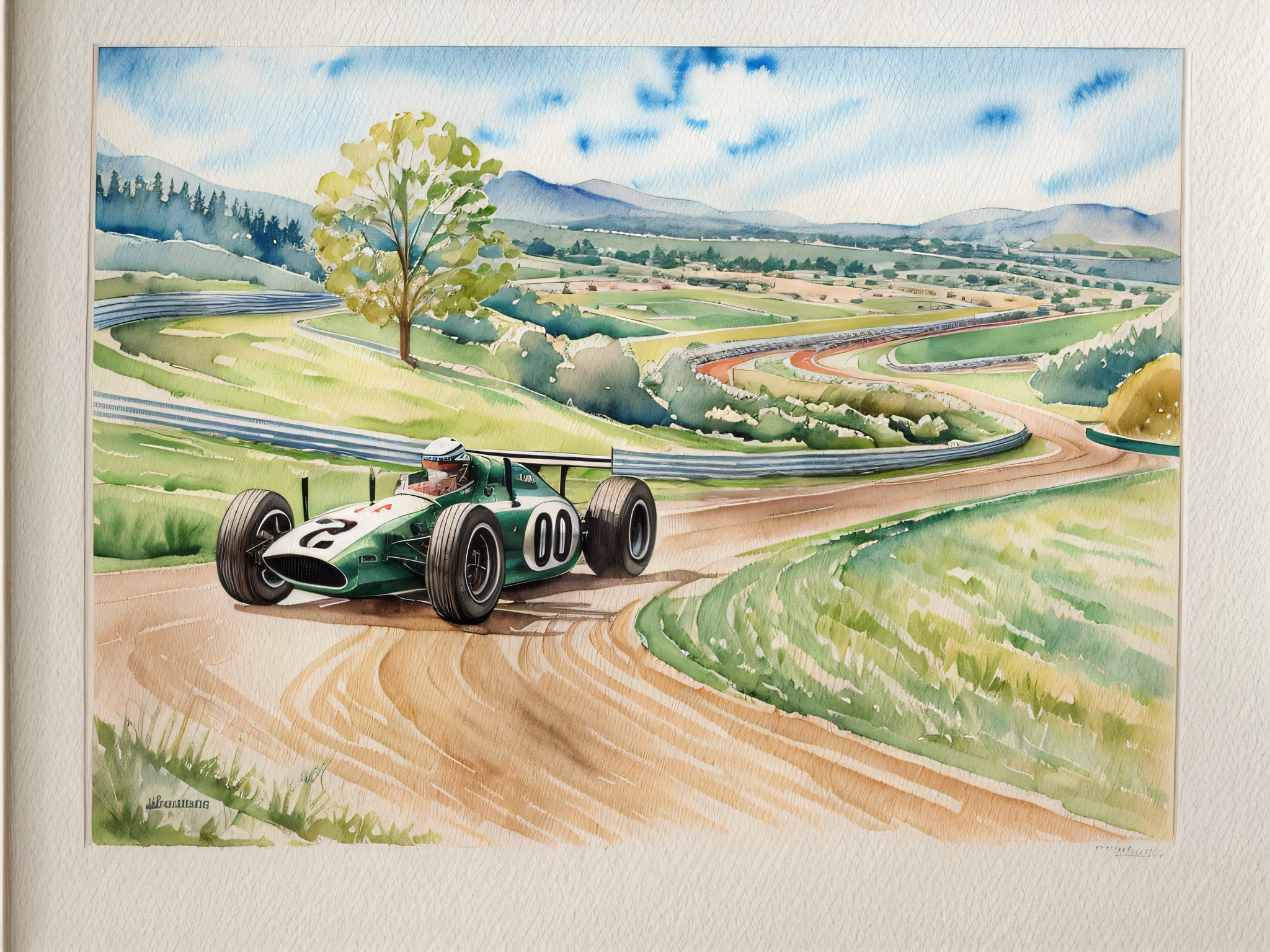 A vintage racetrack nestled in the countryside, surrounded by rolling hills and scenic vistas, the racing car maneuvering through challenging corners and long straights, capturing the nostalgic charm of classic racing, Artwork, watercolor painting on paper,