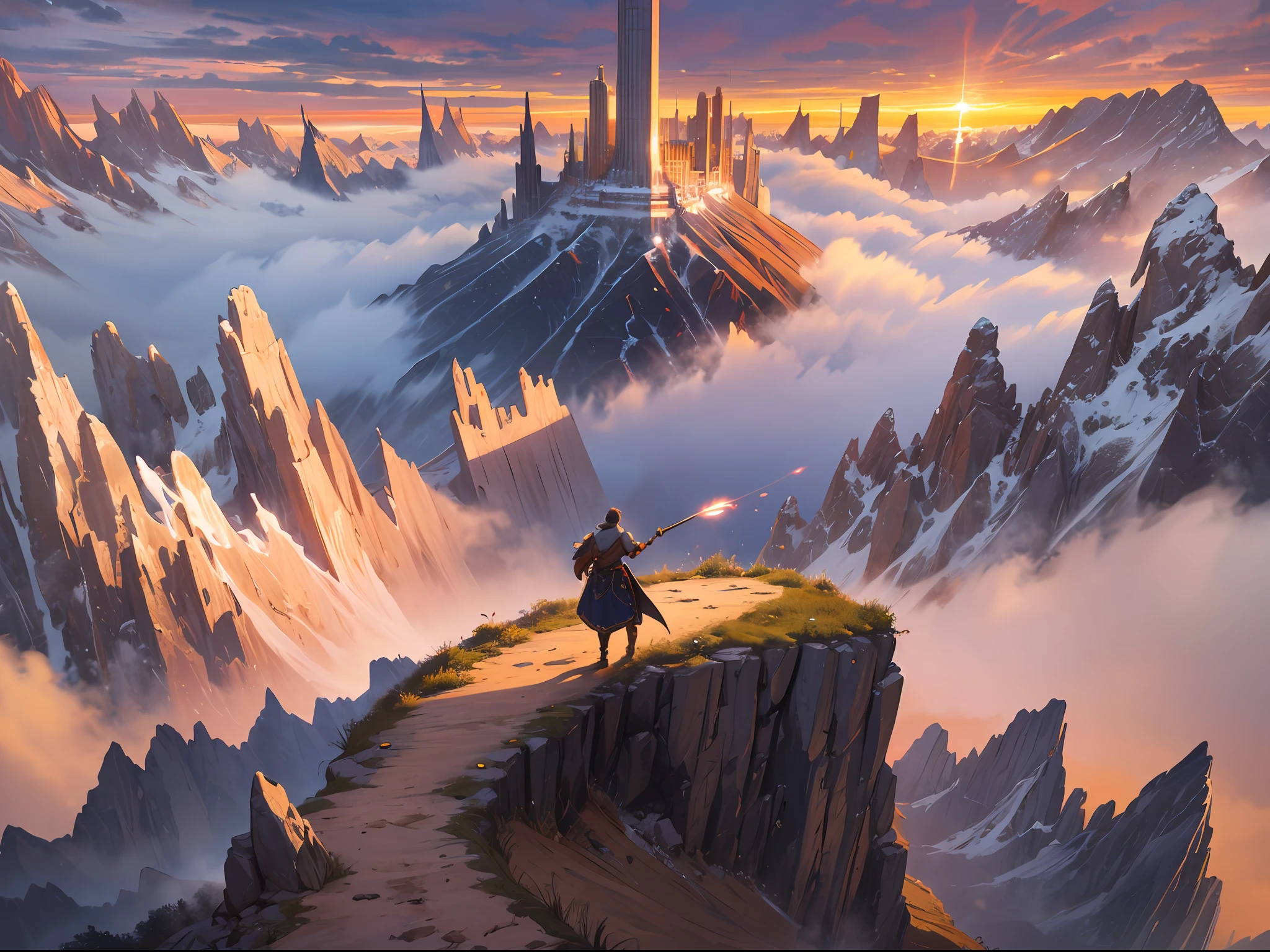 An epic scene unfolds, filled with grandeur and awe-inspiring visuals. Amidst a vast landscape, a colossal mountain range stretches towards the heavens, with peaks disappearing into the clouds. The sky is painted with vibrant hues, showcasing a breathtaking sunset or sunrise, casting a warm and golden glow over the scene. In the foreground, a heroic figure stands tall, embodying strength and determination. They are adorned in majestic armor, wielding a magnificent weapon, ready to face formidable challenges. The environment is alive with dynamic elements, such as swirling winds, cascading waterfalls, or towering trees, adding to the sense of scale and drama. This epic composition aims to evoke a sense of wonder, adventure, and the triumph of the human spirit. Artwork, employing a combination of digital painting techniques and meticulous attention to detail, to bring to life the rich textures, vibrant colors, and dynamic movement of the scene.