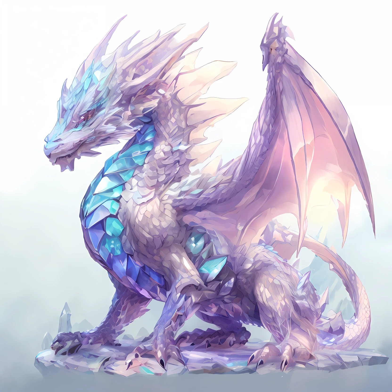 there is a white dragon with blue wings sitting on a rock, crystal dragon, furry fluffy iridescent dragon, frost dragon, crystalized scales, but as an anthropomorphic dragon, soft delicate draconic features, very cute purple dragon, blue scaled dragon, as an anthropomorphic dragon, anthropomorphic dragon, full body dragon concept, epic dragon